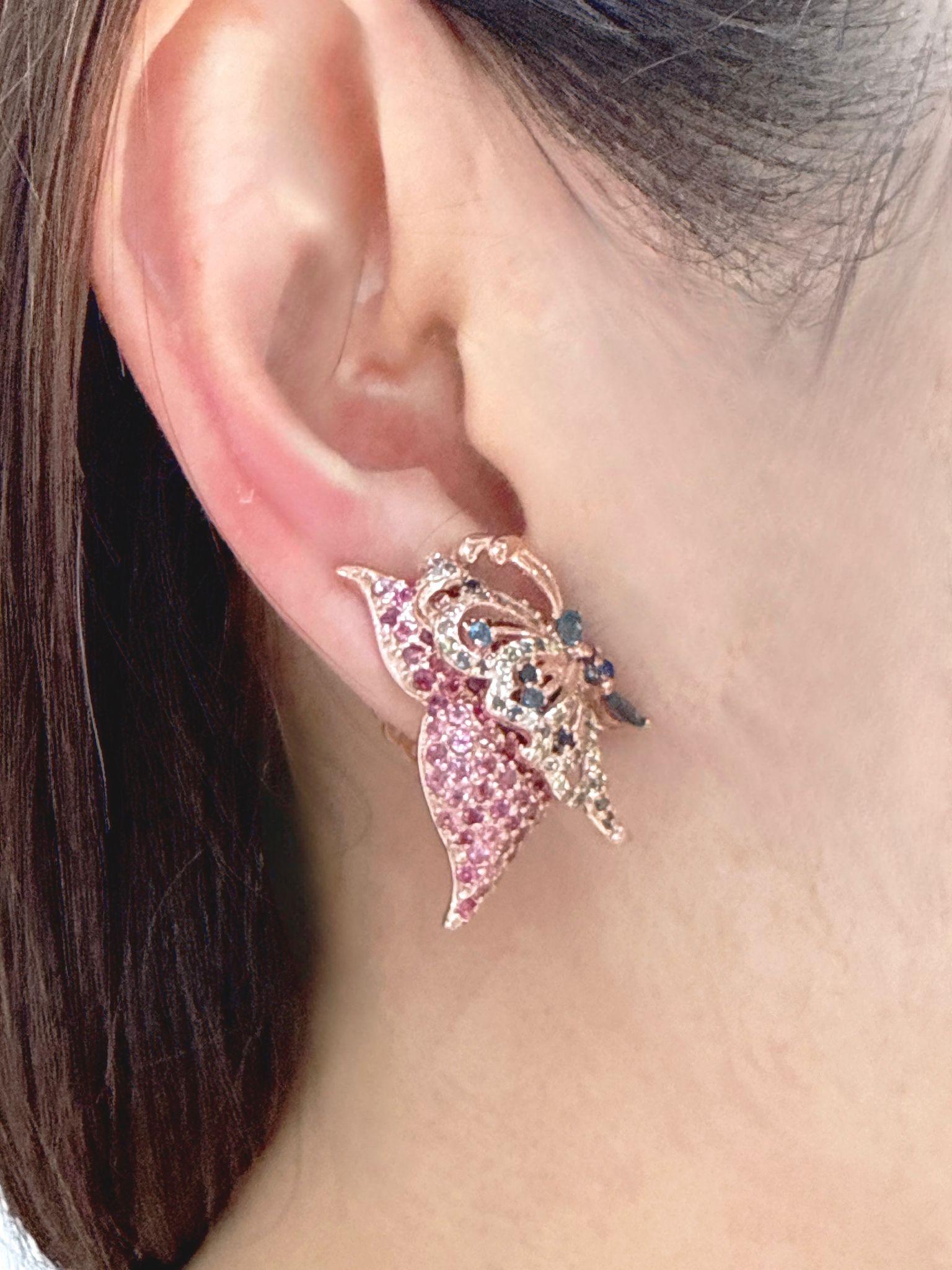 Bochic “Orient” Pink Sapphire & Topaz Butterfly Earrings Set 18K Gold & Silver For Sale 10