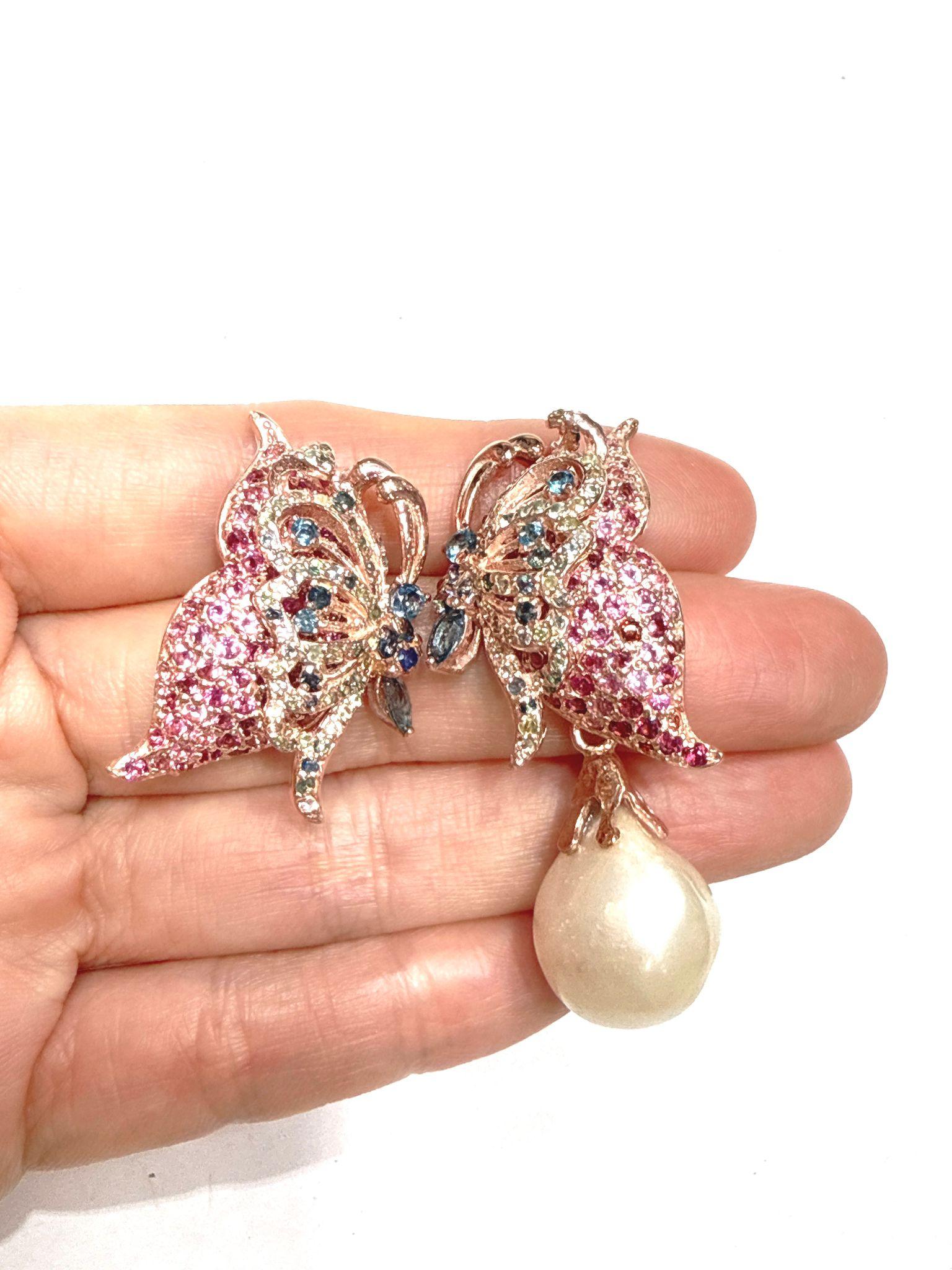 Belle Époque Bochic “Orient” Pink Sapphire & Topaz Butterfly Earrings Set 18K Gold & Silver For Sale