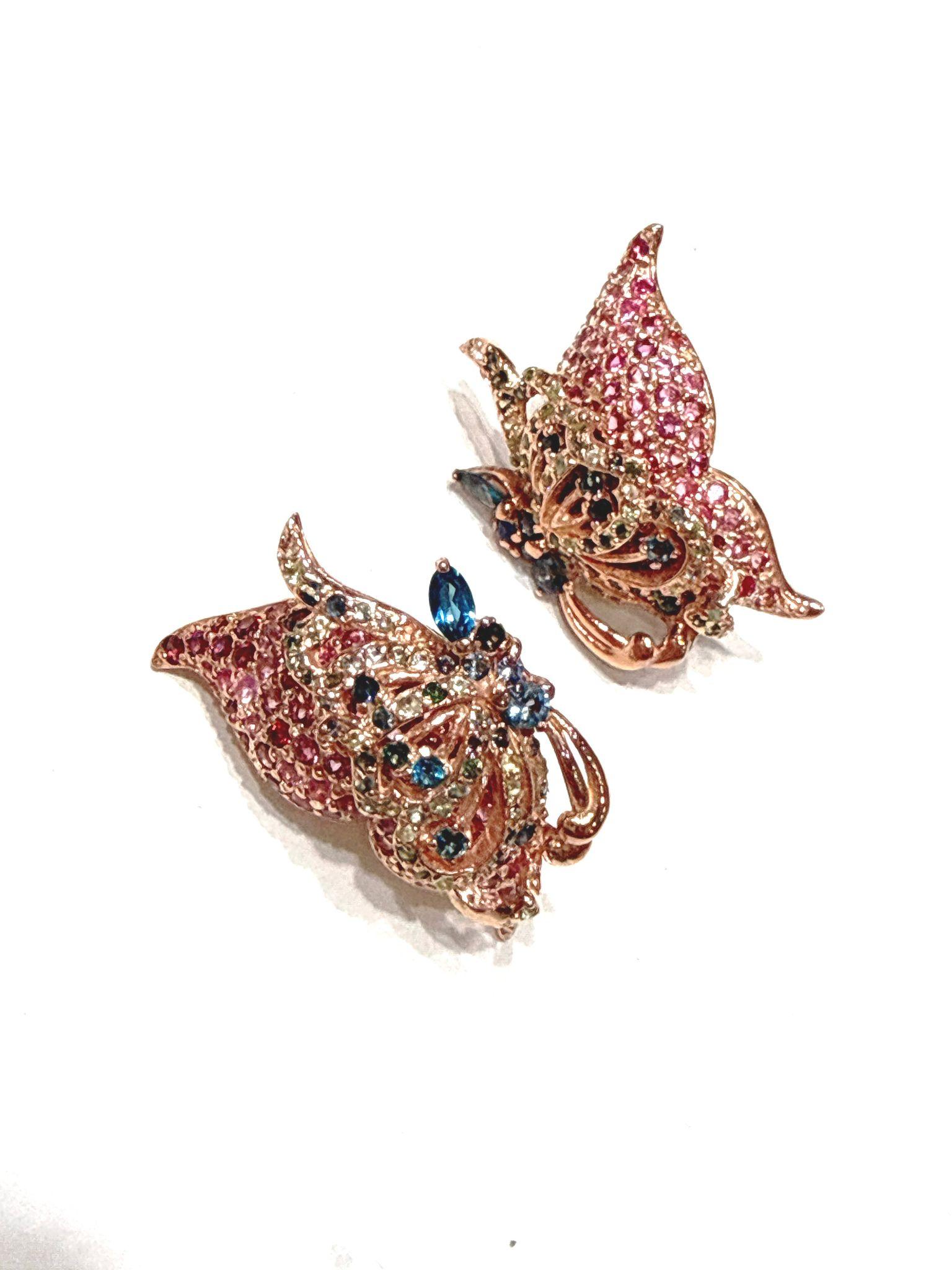 Brilliant Cut Bochic “Orient” Pink Sapphire & Topaz Butterfly Earrings Set 18K Gold & Silver For Sale