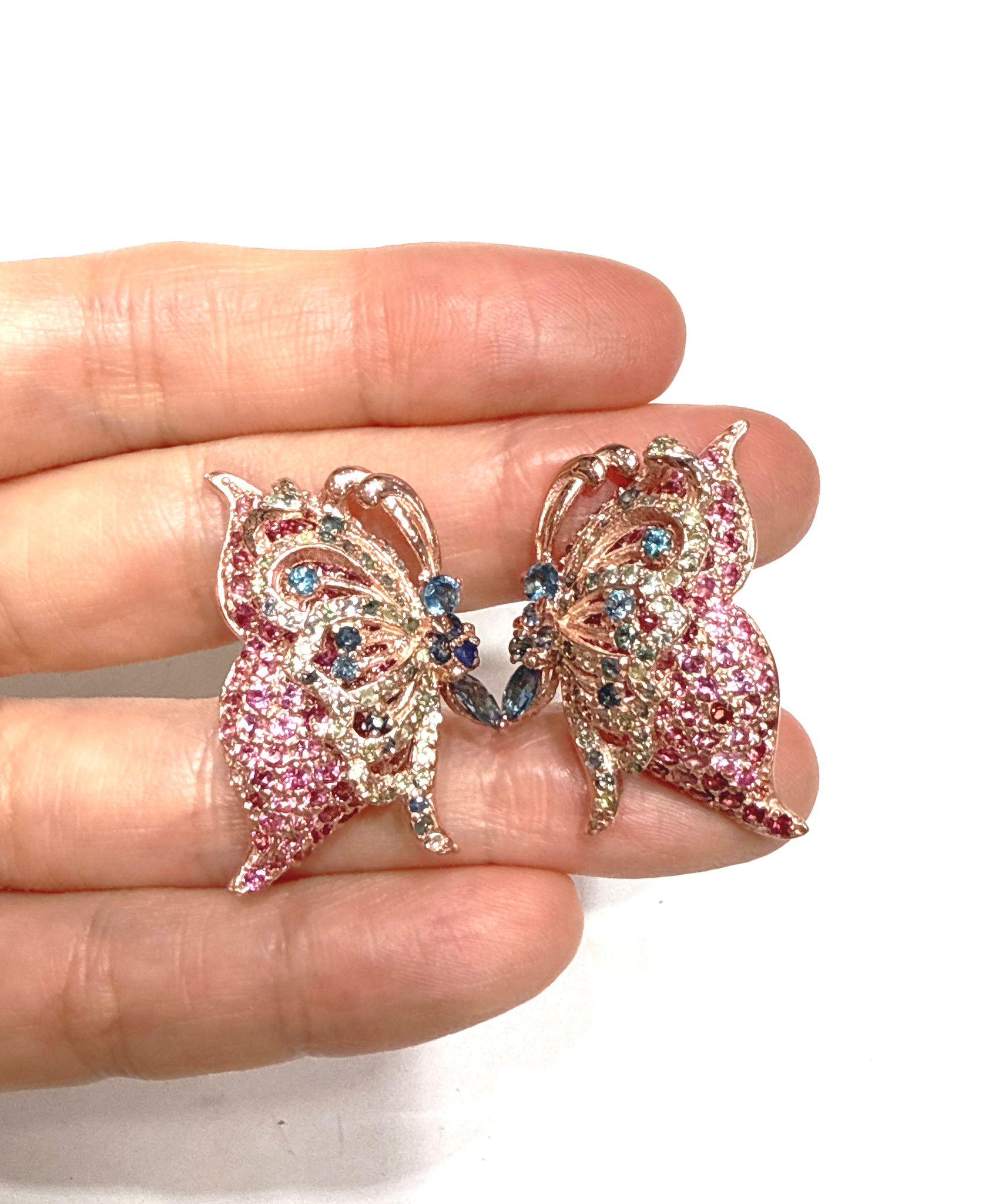 Bochic “Orient” Pink Sapphire & Topaz Butterfly Earrings Set 18K Gold & Silver For Sale 2