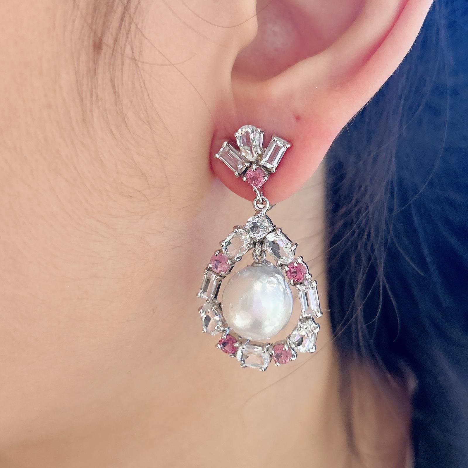 Bochic “Orient” Pink Sapphire, Topaz & Pearl Earrings Set 18K Gold & Silver For Sale 3