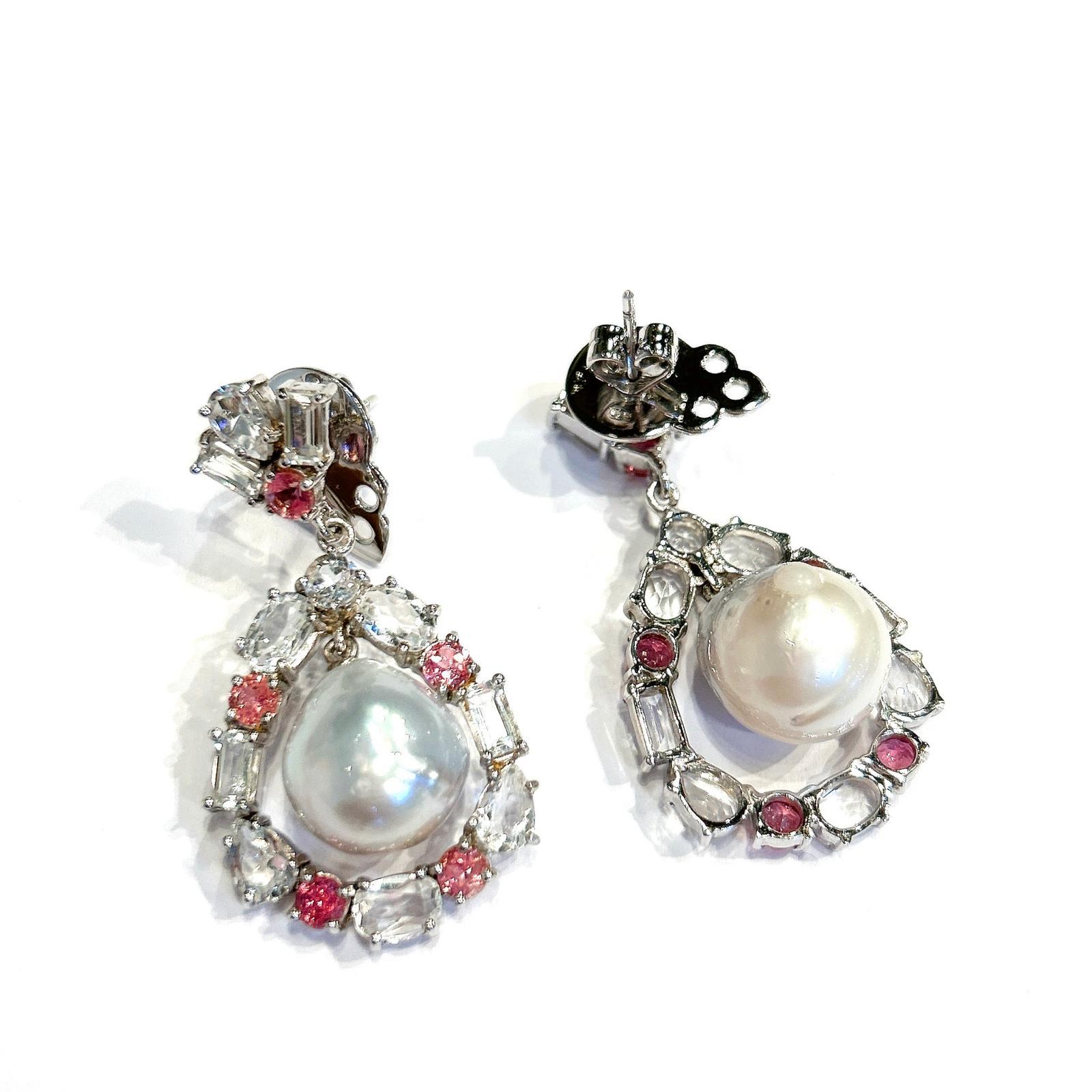 Bochic “Orient” Pink Sapphire & White Pearls Earrings Set 18K Gold & Silver For Sale 4
