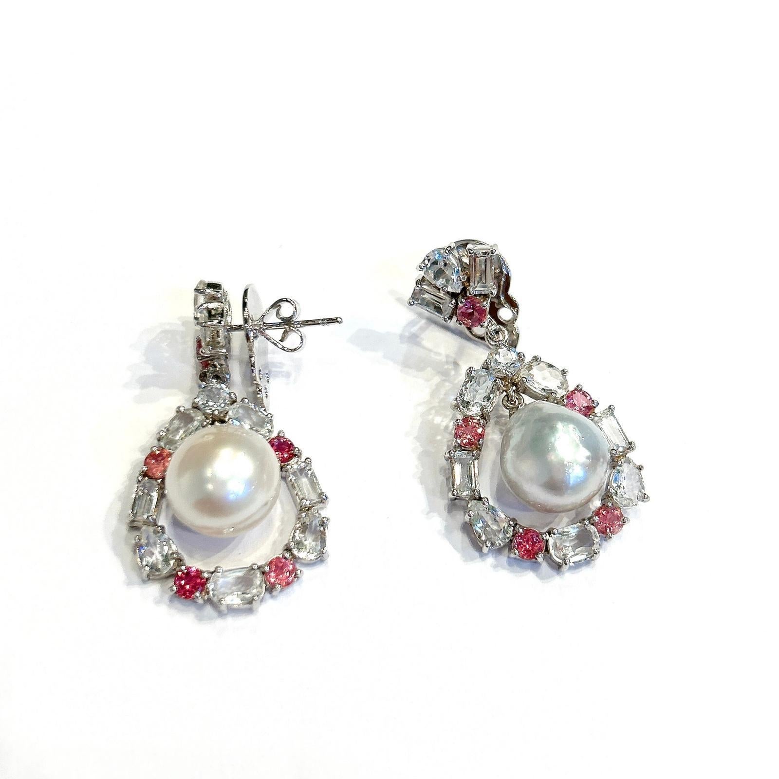 Bochic “Orient” Pink Sapphire & White Pearls Earrings Set 18K Gold & Silver For Sale 5