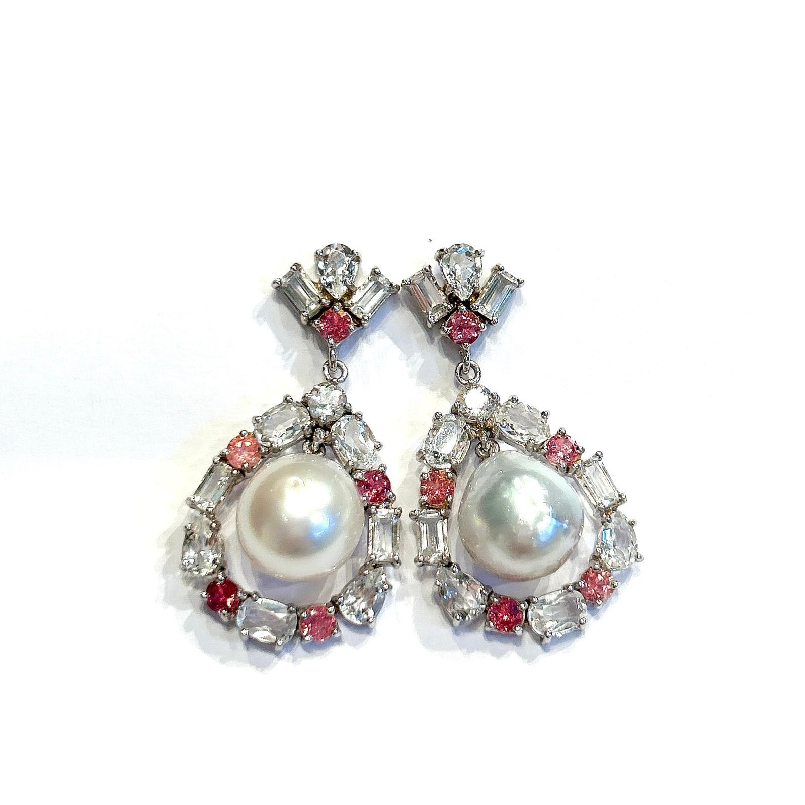 Bochic “Orient” Pink Sapphire & White Pearls Earrings Set 18K Gold & Silver For Sale 6
