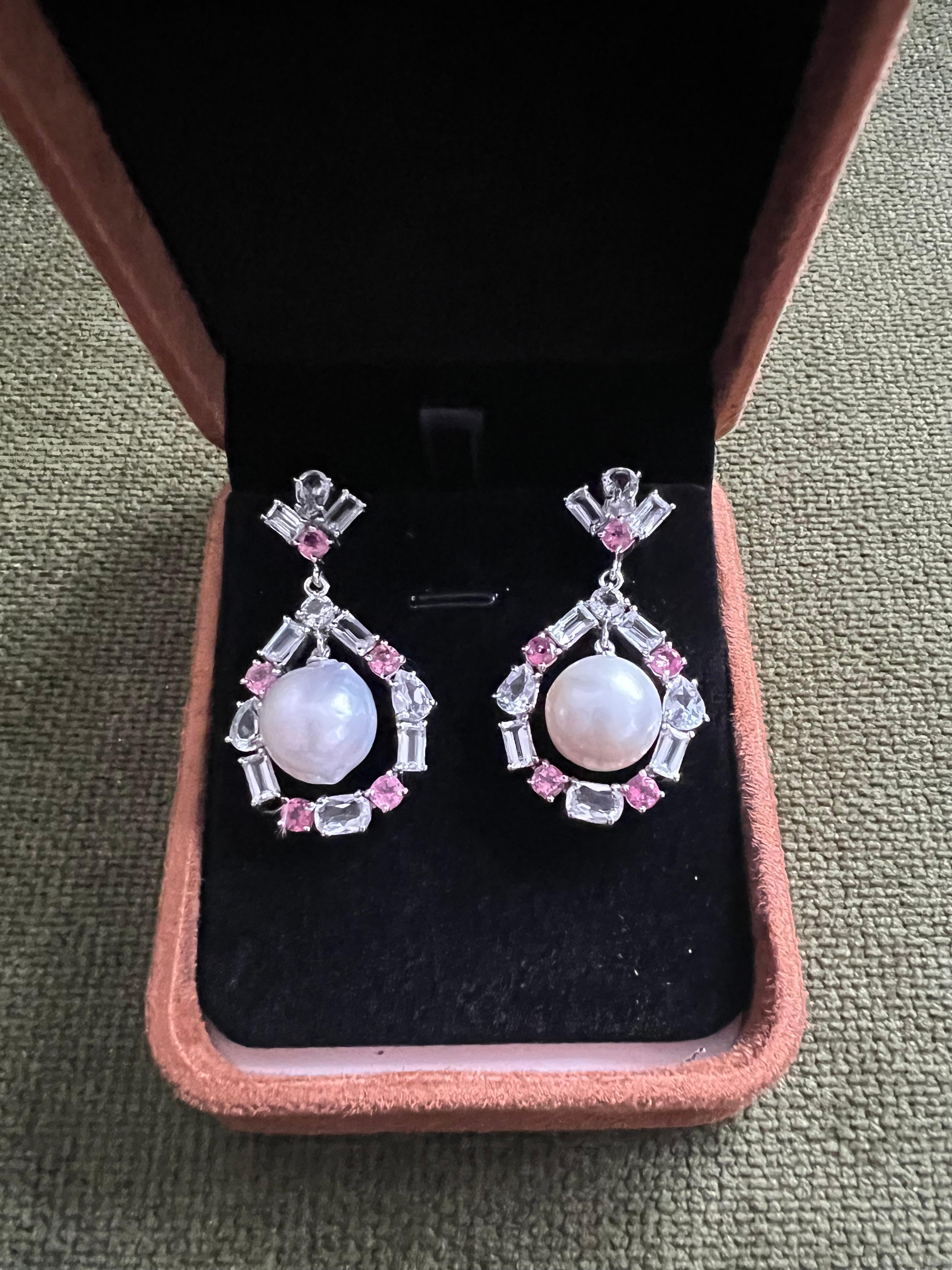 Baroque Bochic “Orient” Pink Sapphire & White Pearls Earrings Set 18K Gold & Silver For Sale