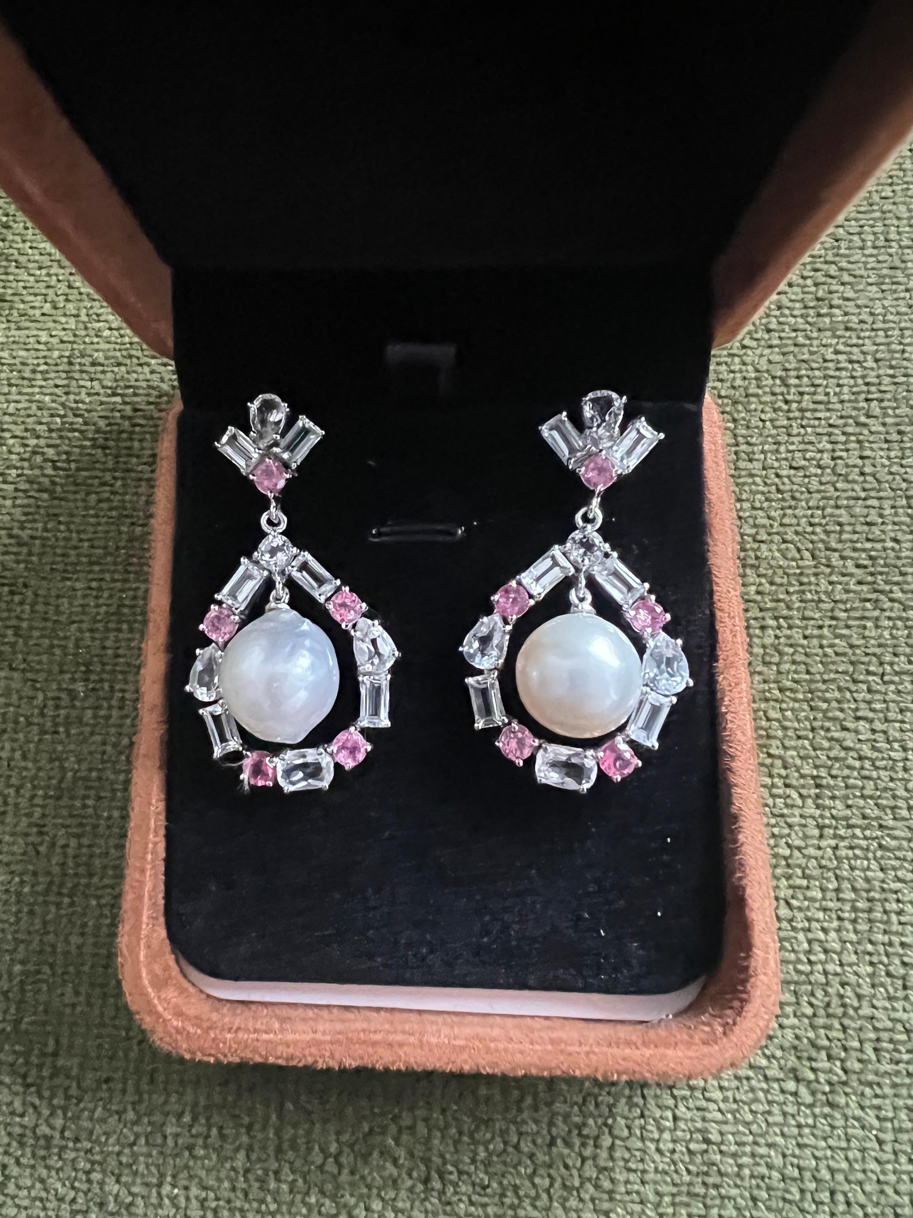 Brilliant Cut Bochic “Orient” Pink Sapphire & White Pearls Earrings Set 18K Gold & Silver For Sale