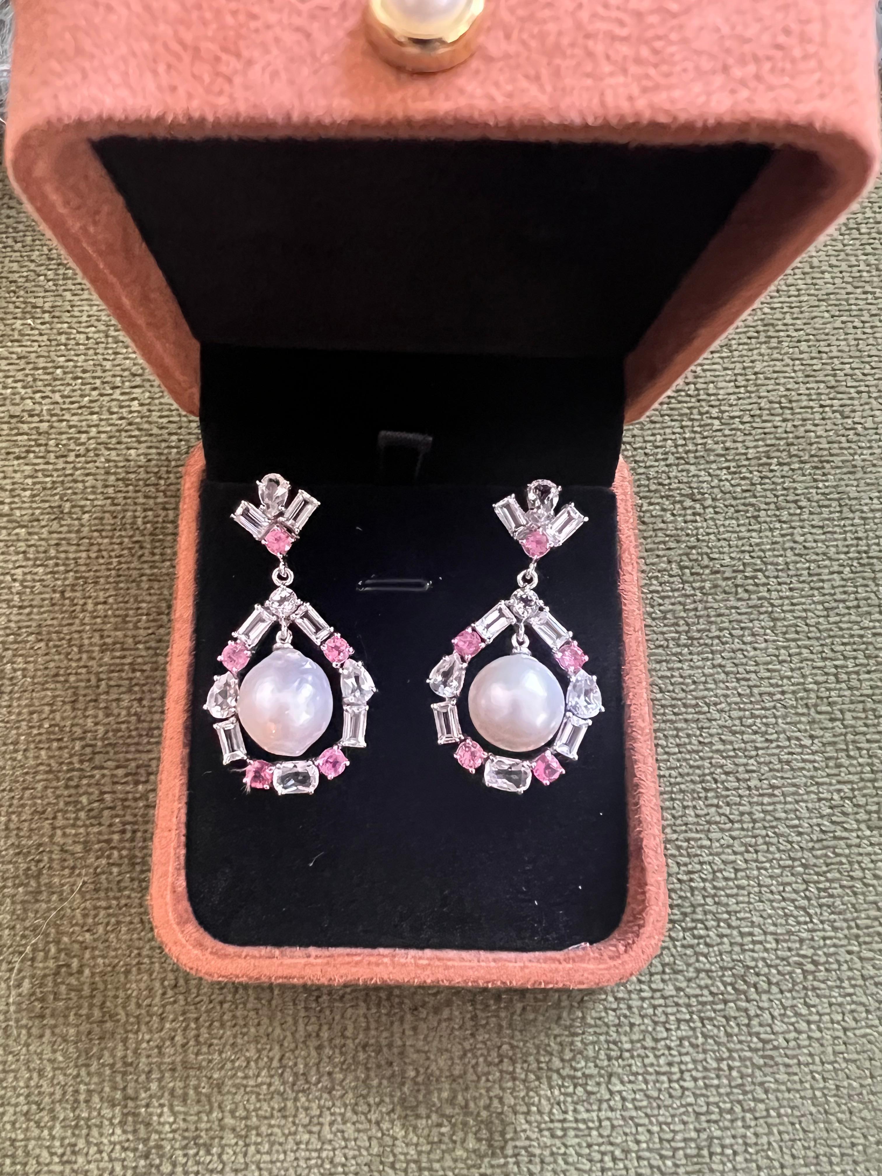 Bochic “Orient” Pink Sapphire & White Pearls Earrings Set 18K Gold & Silver For Sale 3