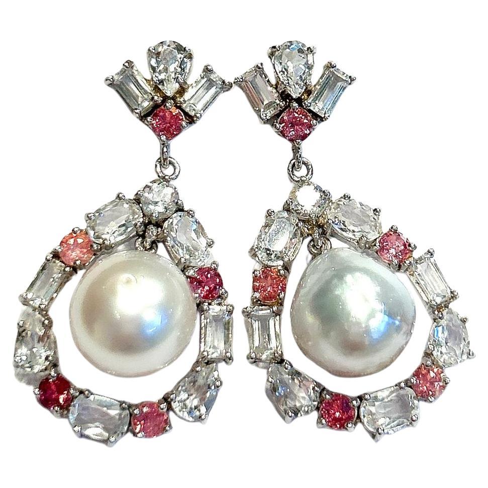 Bochic “Orient” Pink Sapphire & White Pearls Earrings Set 18K Gold & Silver