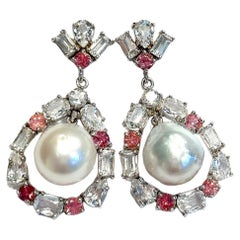 Juego de Pendientes Bochic "Orient" Zafiro Rosa y Perlas Blancas Oro de 18 quilates y Plata