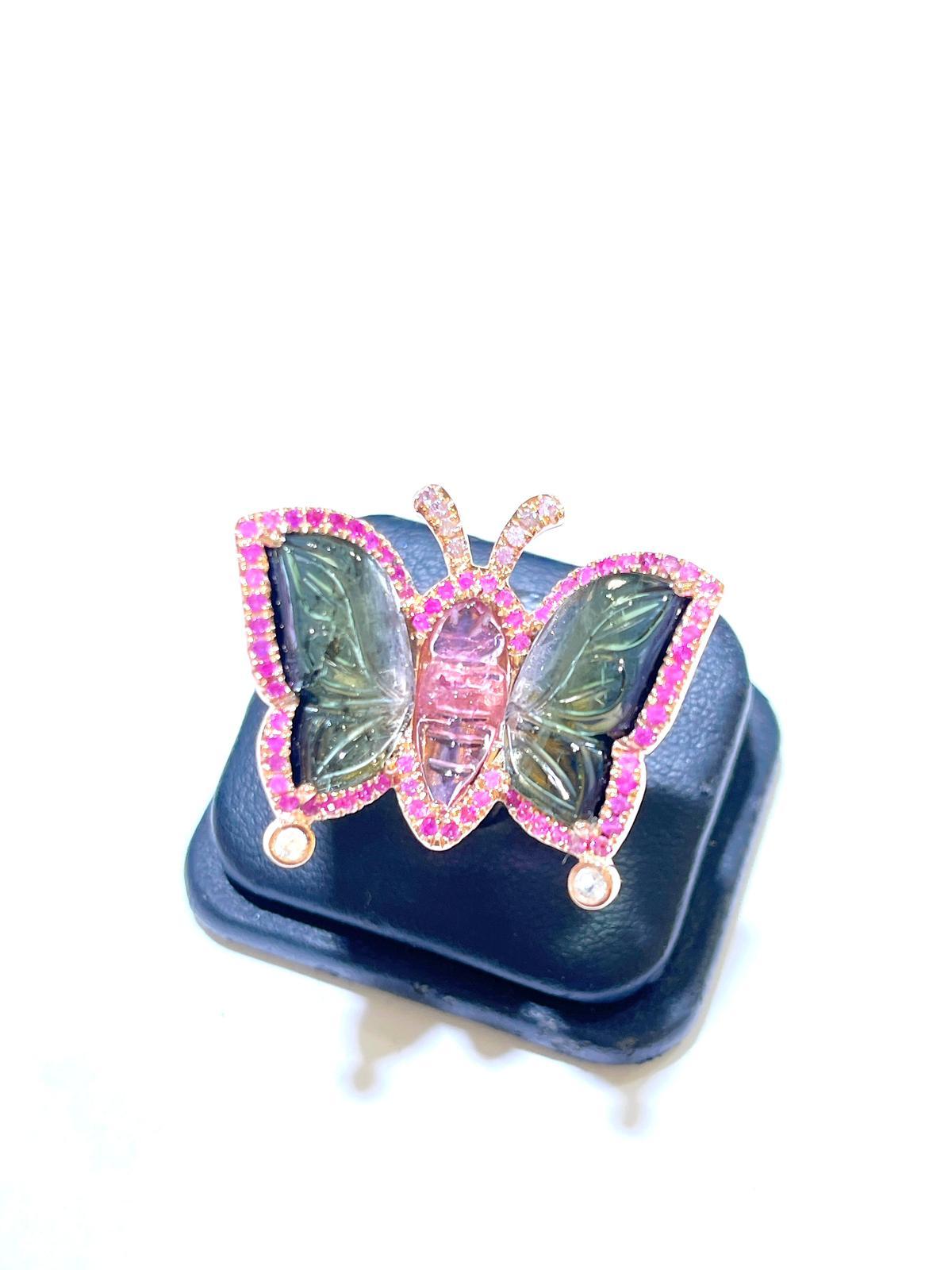 Belle Époque Bochic “Orient” Pink Sapphires & Tourmaline Ring Set In 18K Gold & Silver  For Sale