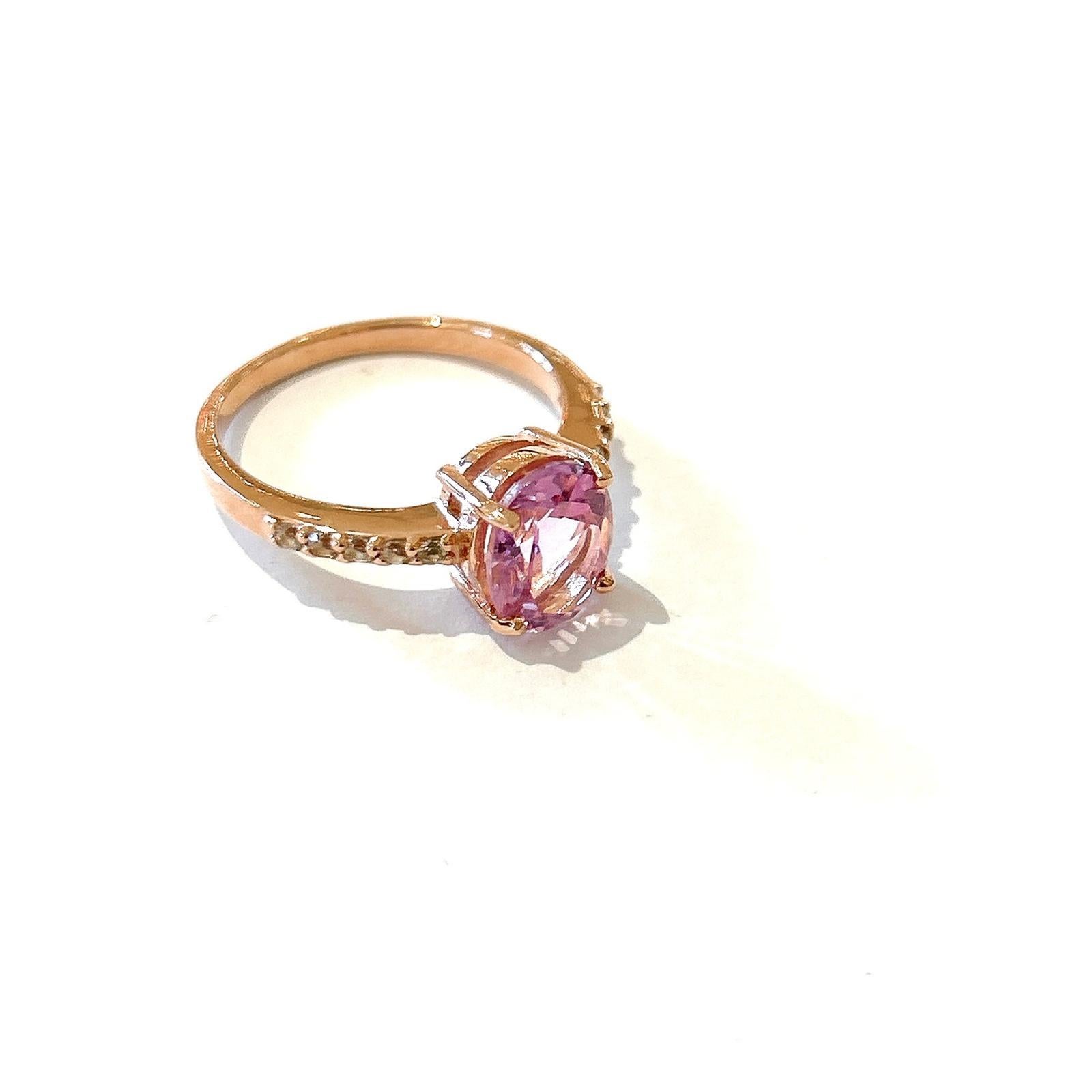 Anglo-Indian Bochic “Orient” Pink Topaz & White Topaz Solitaire Ring Set In 18K Gold & Silver For Sale