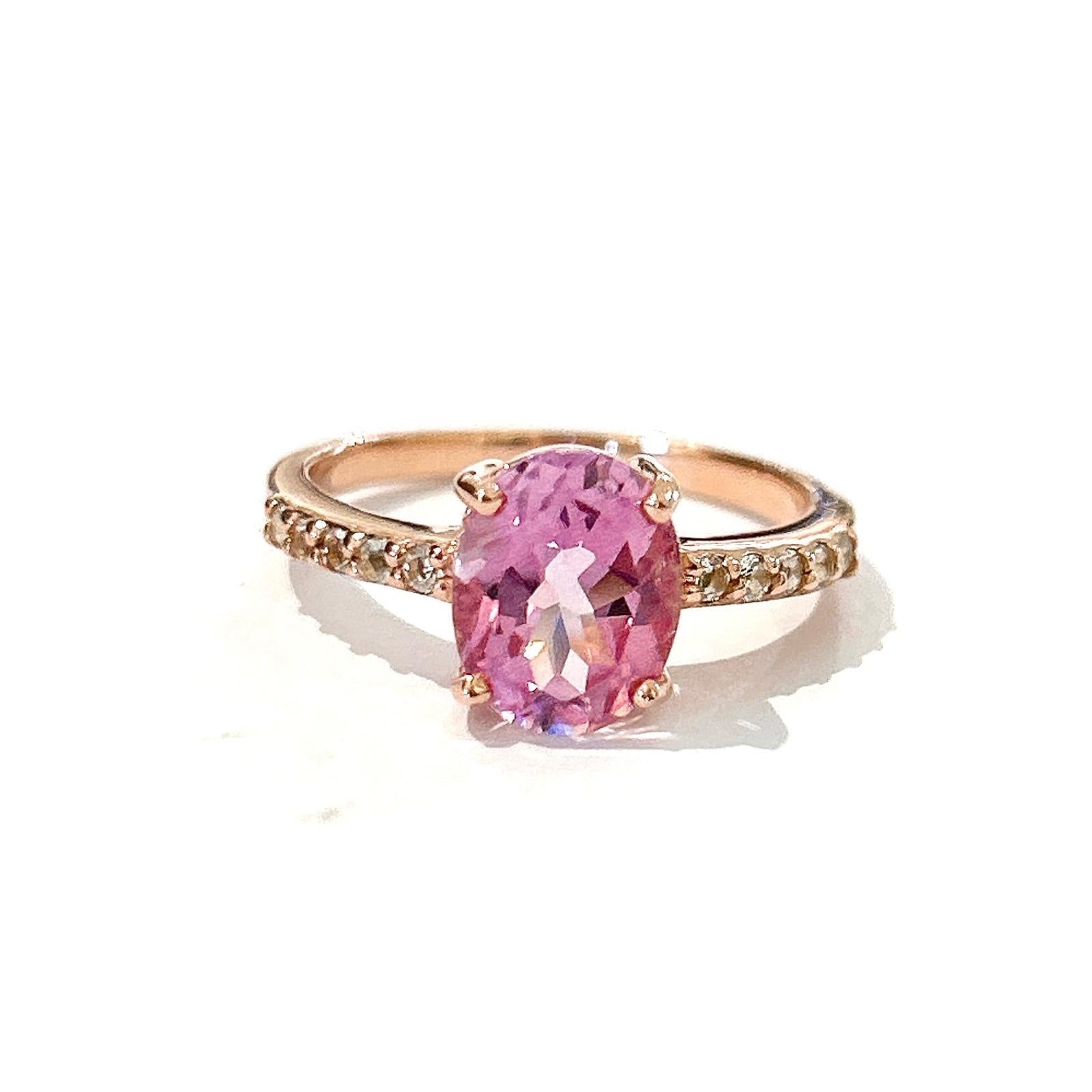 Women's or Men's Bochic “Orient” Pink Topaz & White Topaz Solitaire Ring Set In 18K Gold & Silver For Sale