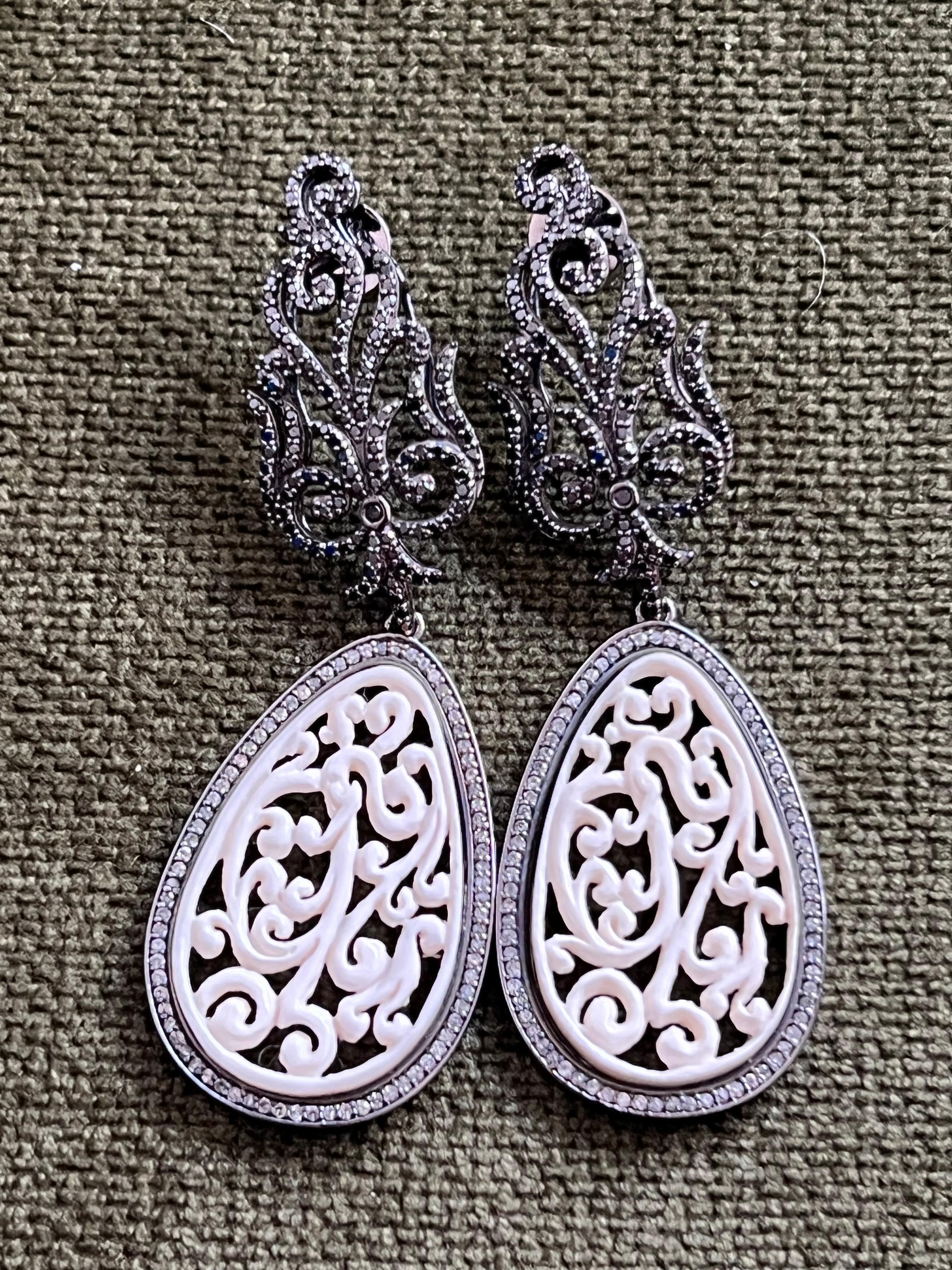 Women's Bochic “Orient” Pre Historic Mammoth Carving & Black Diamond 18K Earrings For Sale