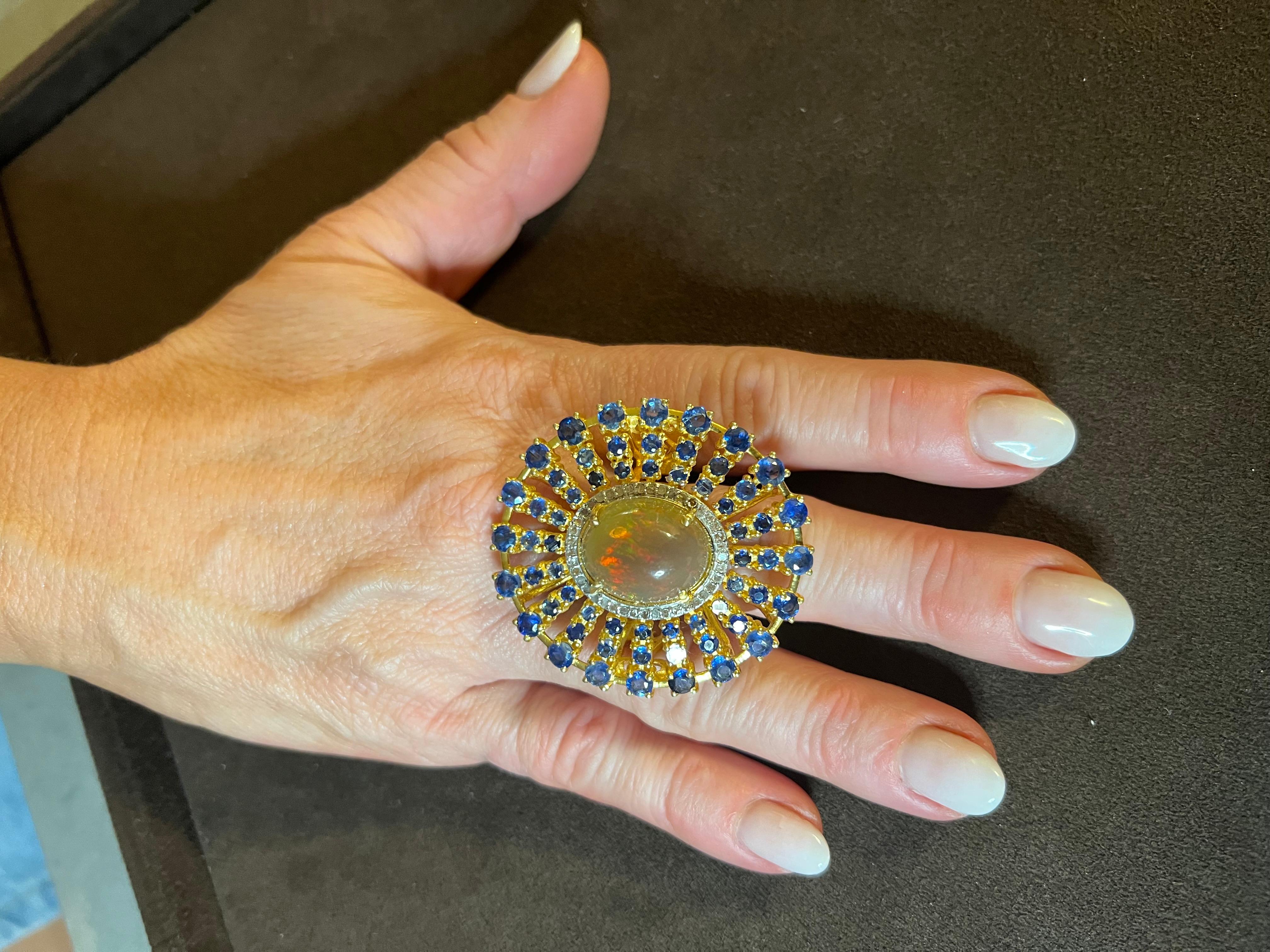Bochic “Orient” Rare Vintage Honey Opal & Sapphire Ring Set 18K Gold & Silver For Sale 6