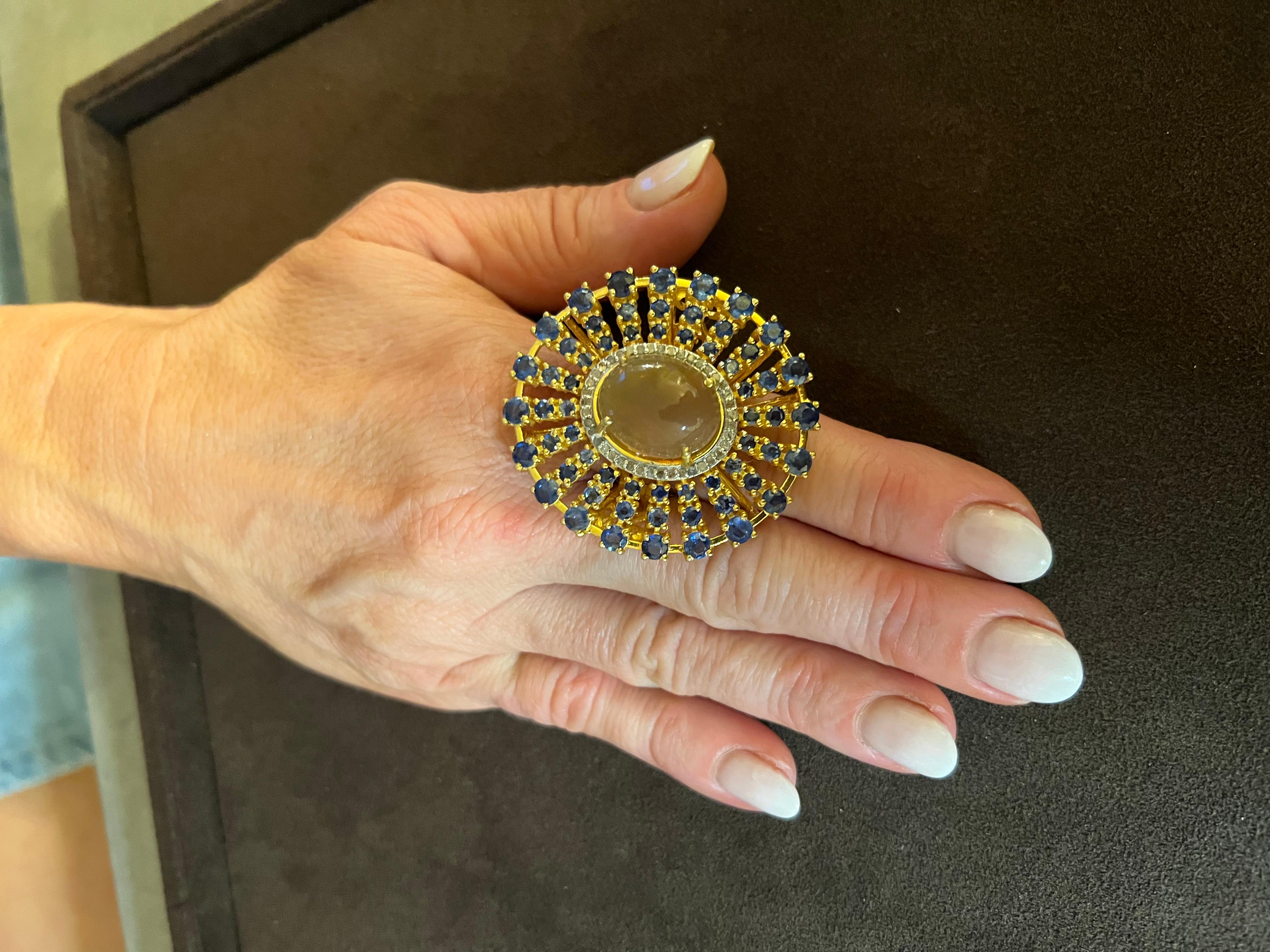 Bochic “Orient” Rare Vintage Honey Opal & Sapphire Ring Set 18K Gold & Silver For Sale 7