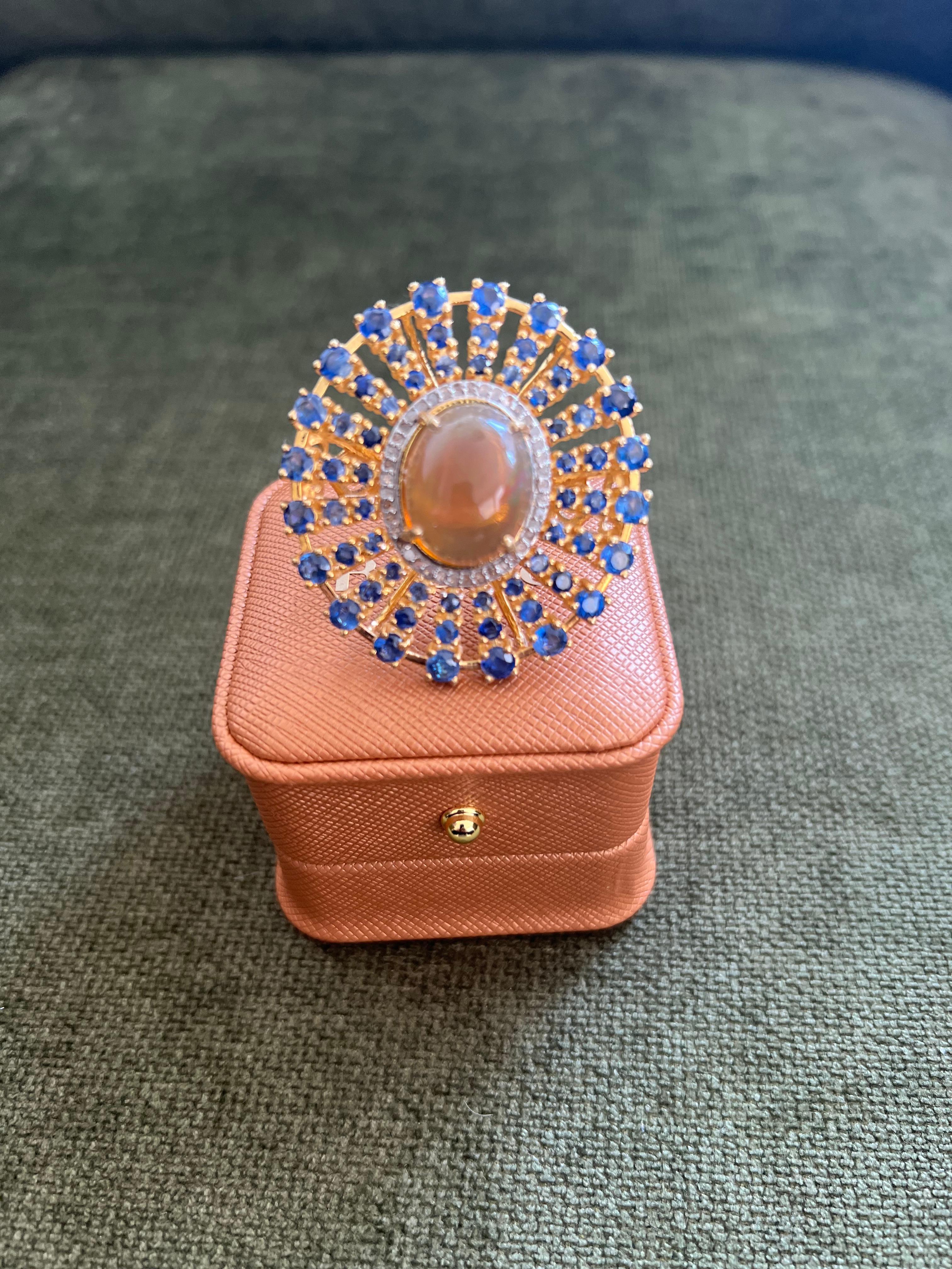 Baroque Bochic “Orient” Rare Vintage Honey Opal & Sapphire Ring Set 18K Gold & Silver For Sale