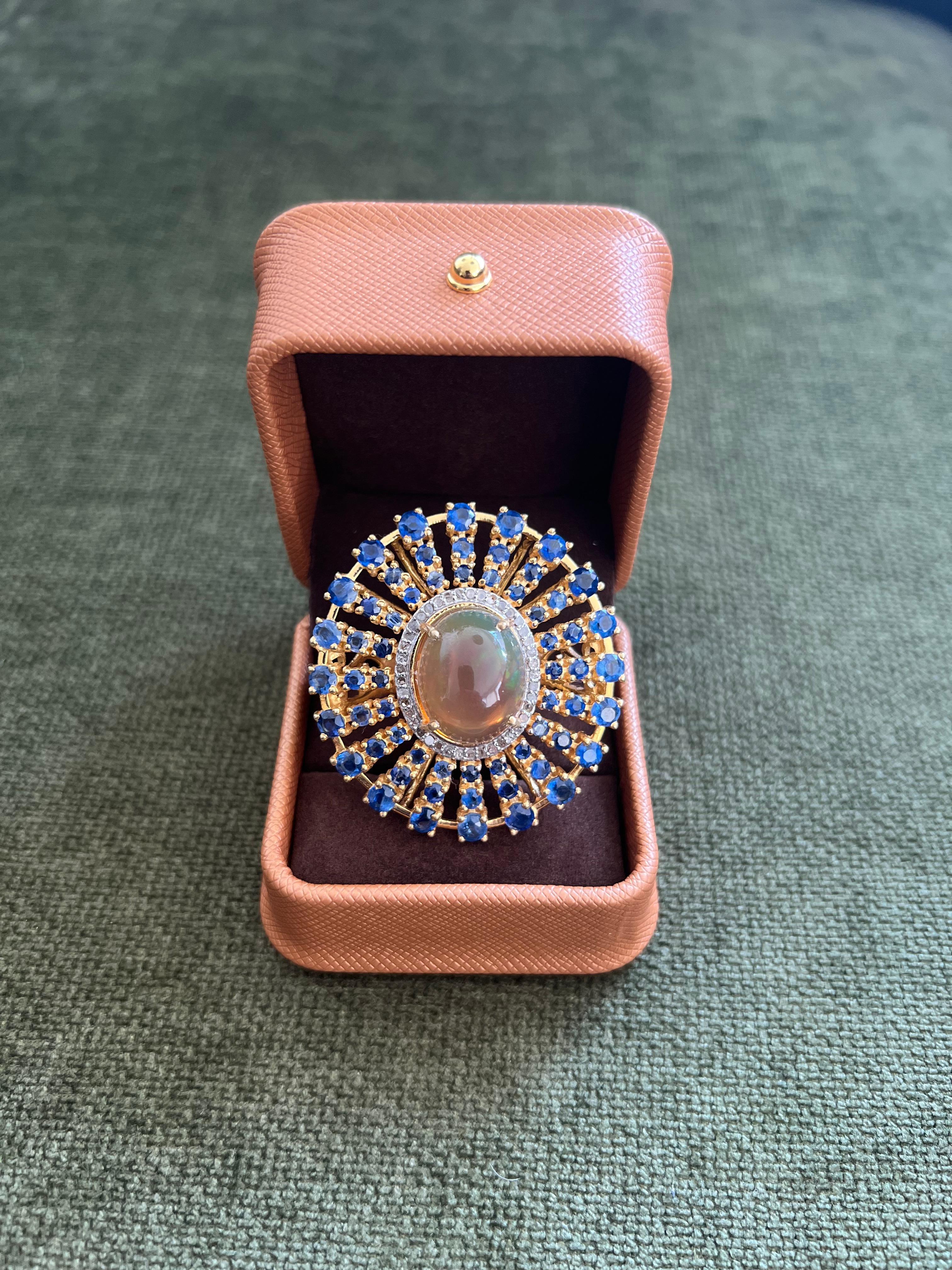 Women's or Men's Bochic “Orient” Rare Vintage Honey Opal & Sapphire Ring Set 18K Gold & Silver For Sale