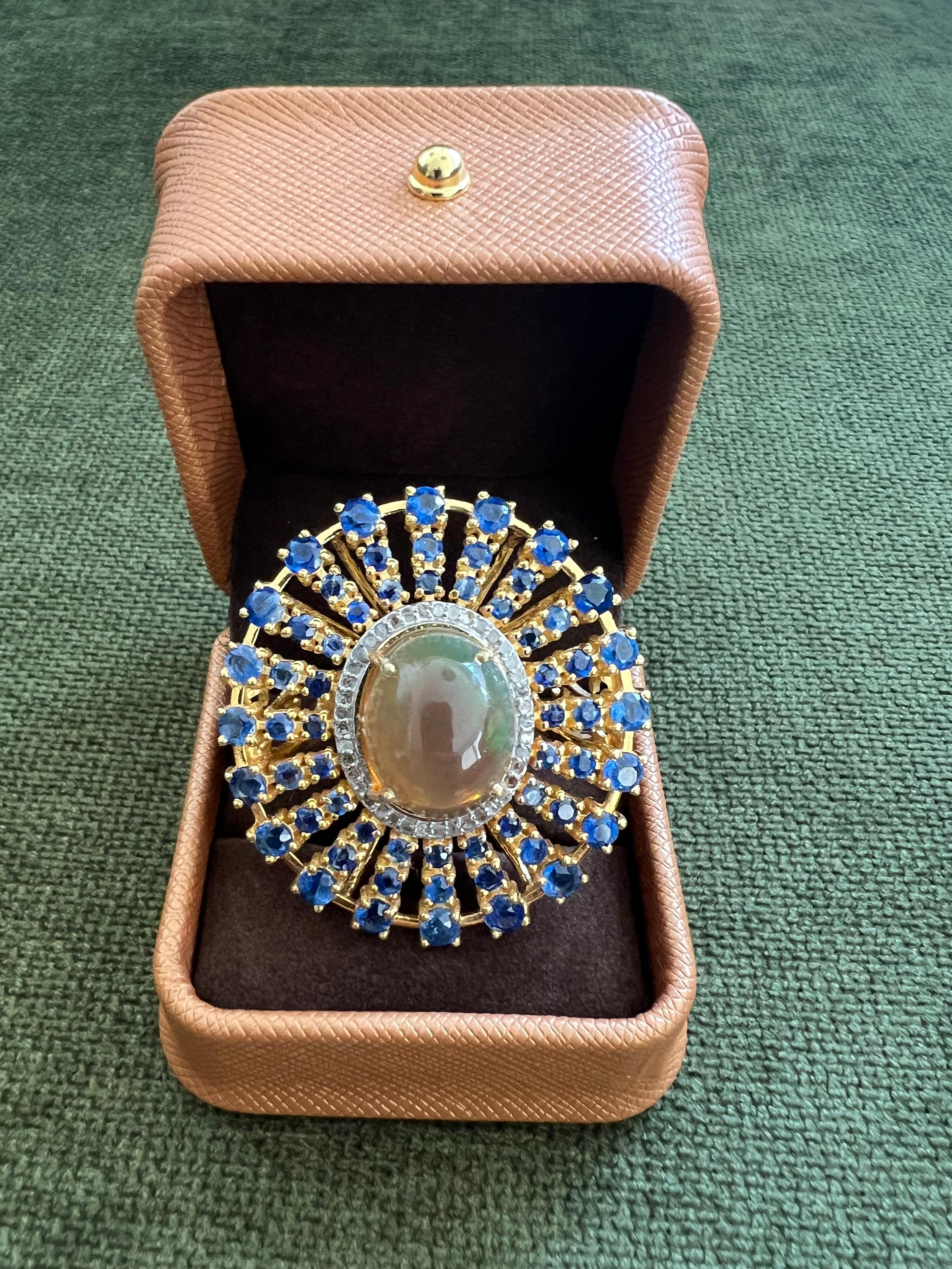 Bochic “Orient” Rare Vintage Honey Opal & Sapphire Ring Set 18K Gold & Silver For Sale 1