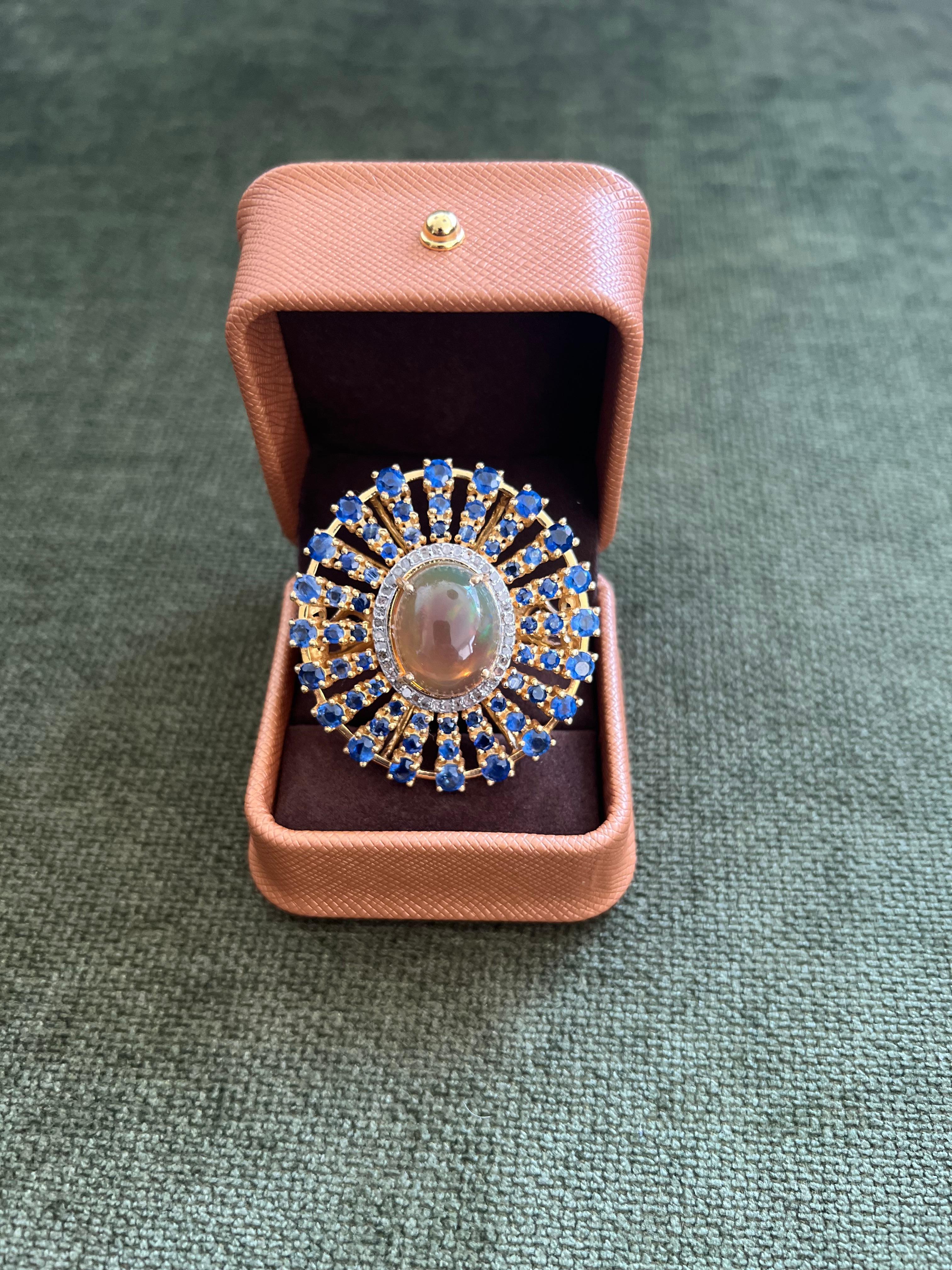 Bochic “Orient” Rare Vintage Honey Opal & Sapphire Ring Set 18K Gold & Silver For Sale 2