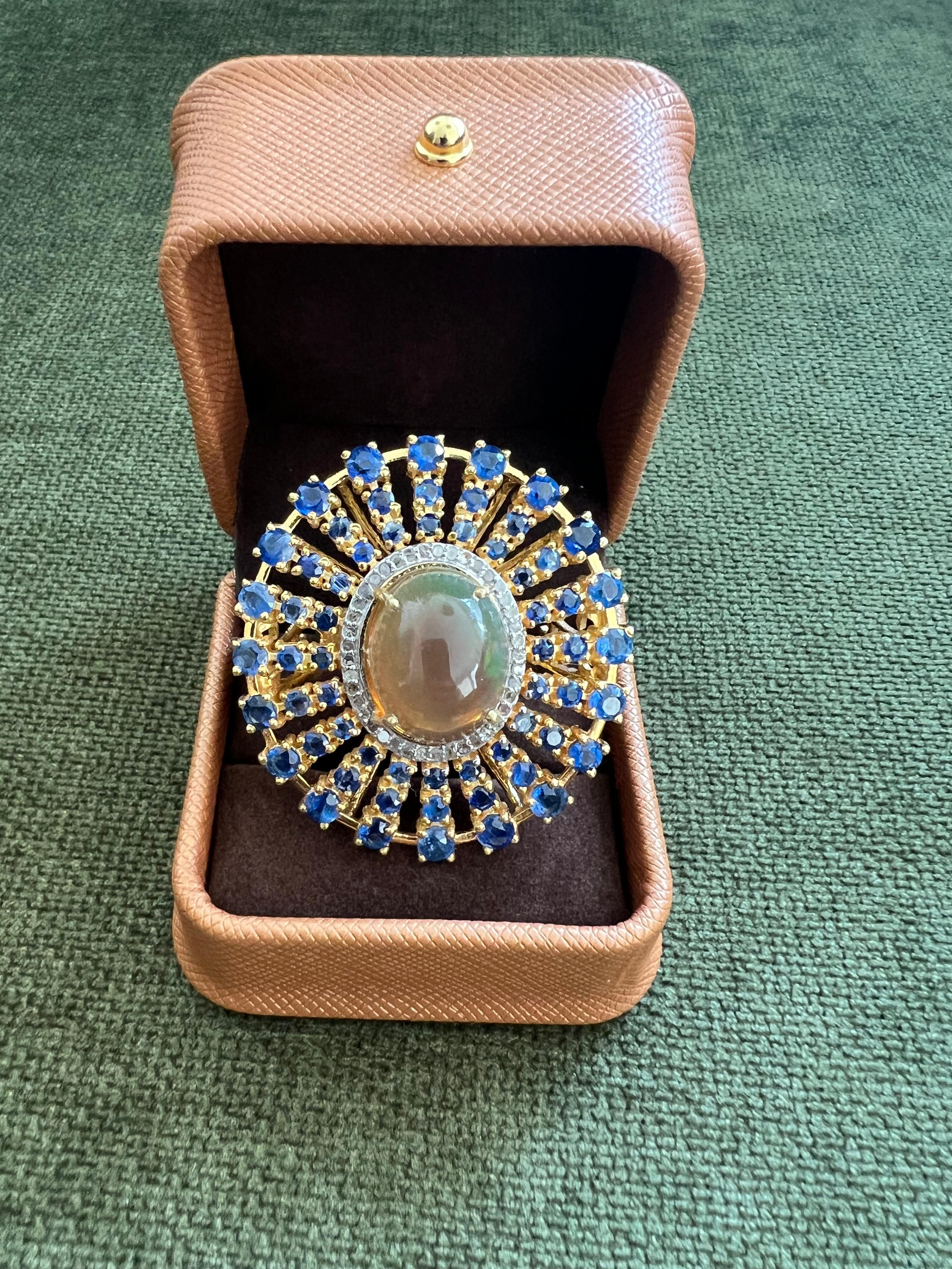 Bochic “Orient” Rare Vintage Honey Opal & Sapphire Ring Set 18K Gold & Silver For Sale 3