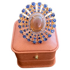 Bochic “Orient” Rare Vintage Honey Opal & Sapphire Ring Set 18K Gold & Silver