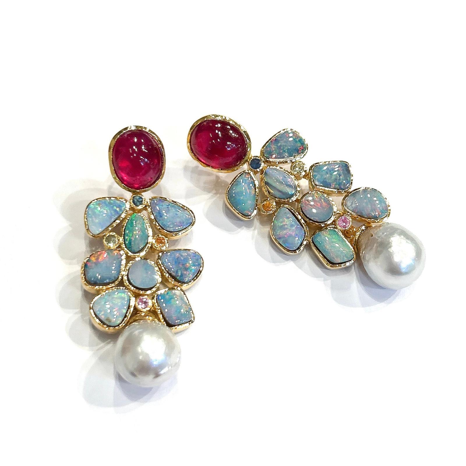 Bochic “Orient” Red, Opal & Multi Color Sapphires Earrings Set 18K Gold &Silver For Sale 4