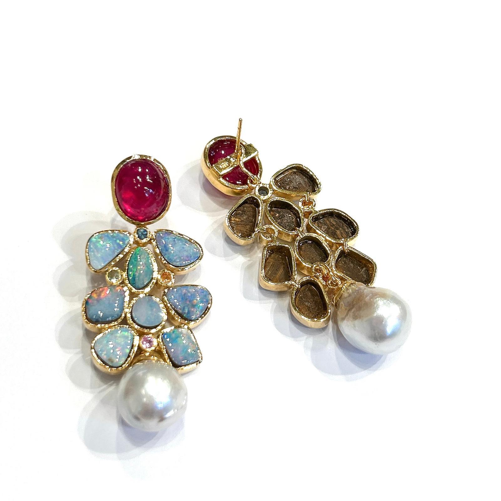 Bochic “Orient” Red, Opal & Multi Color Sapphires Earrings Set 18K Gold &Silver For Sale 5