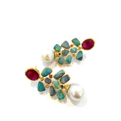 Bochic “Orient” Red, Opal & Multi Color Sapphires Earrings Set 18K Gold &Silver
