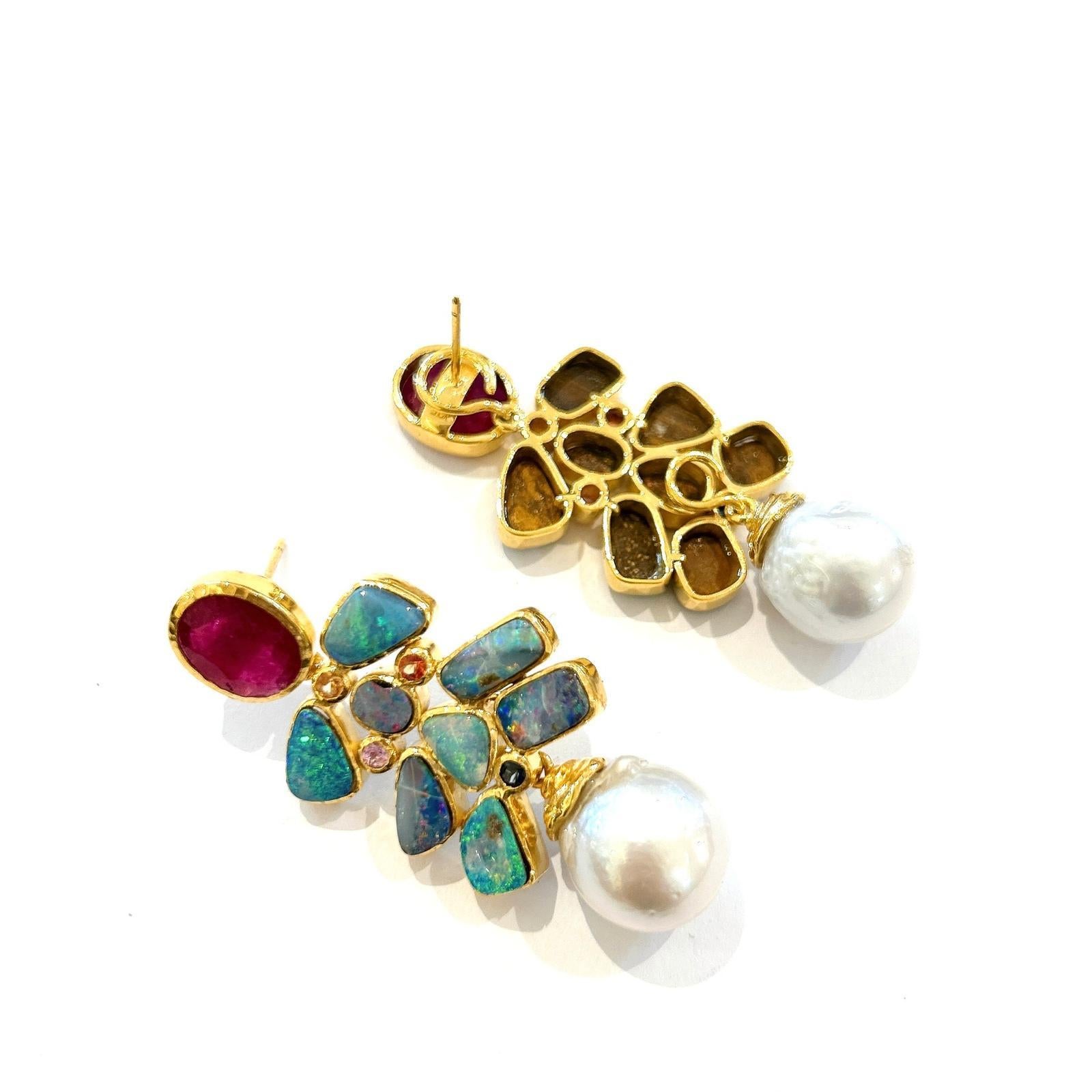 Baroque Bochic “Orient” Red, Opal & Multi Color Sapphires Earrings Set 18K Gold &Silver For Sale