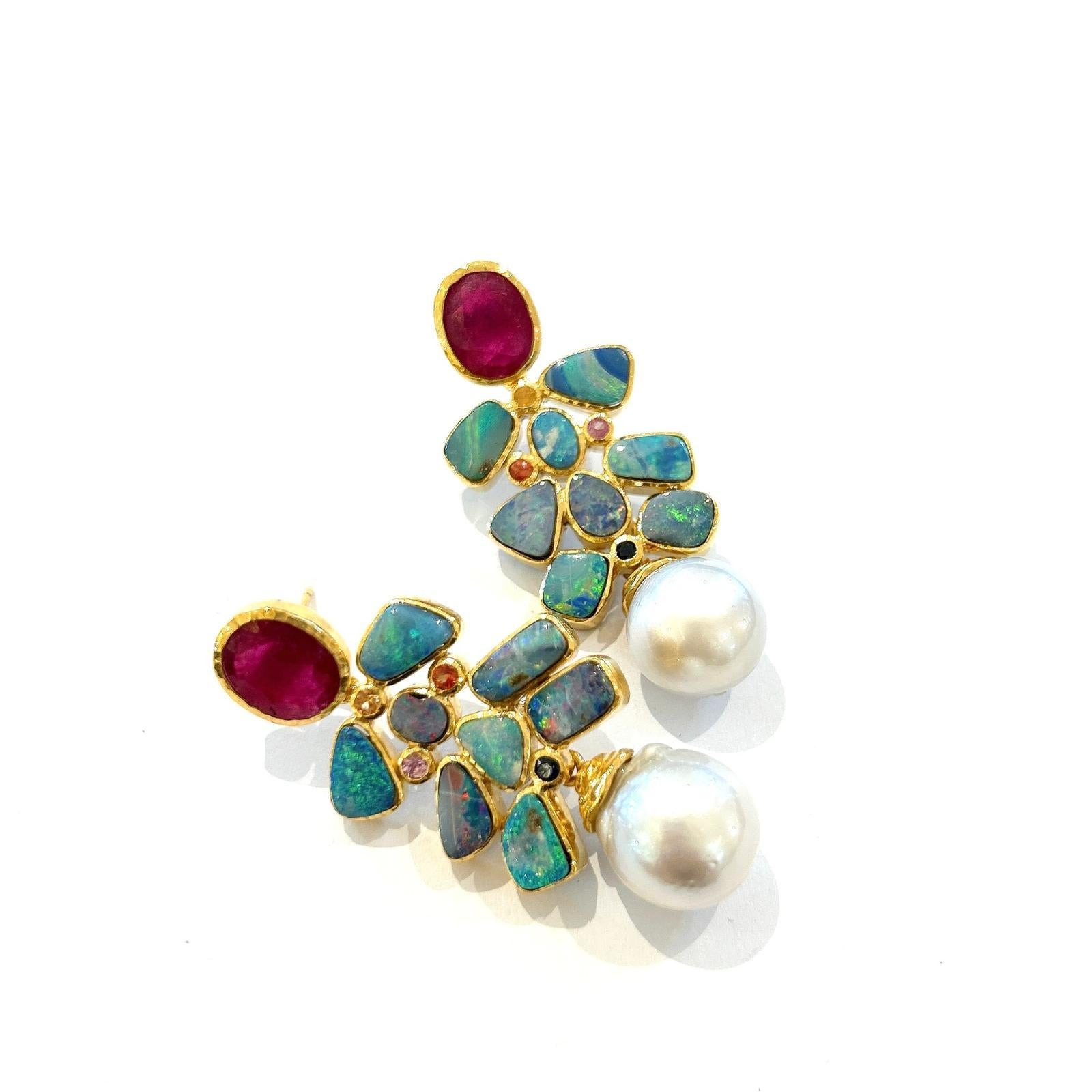 Oval Cut Bochic “Orient” Red, Opal & Multi Color Sapphires Earrings Set 18K Gold &Silver For Sale