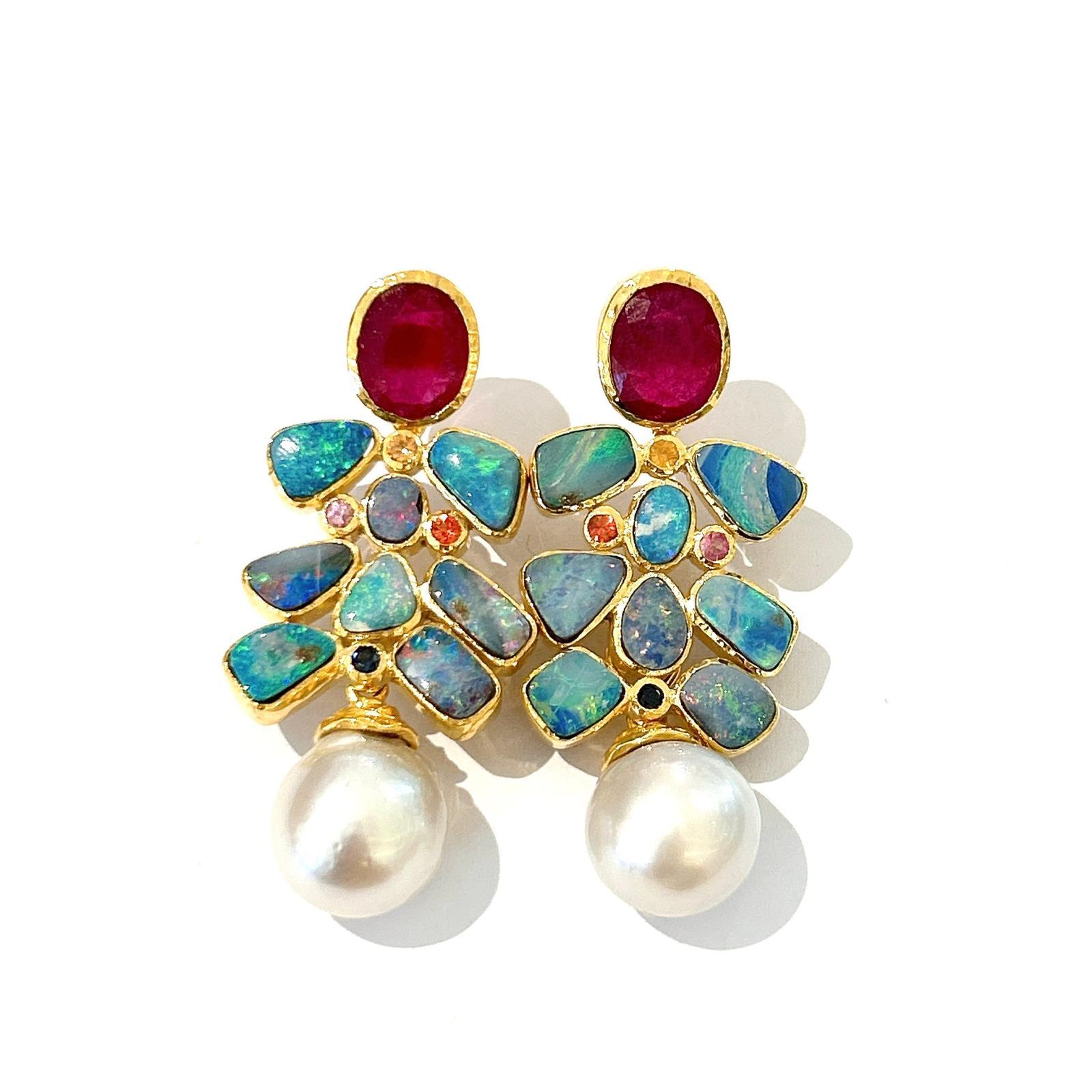 Women's or Men's Bochic “Orient” Red, Opal & Multi Color Sapphires Earrings Set 18K Gold &Silver For Sale