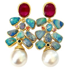 Bochic “Orient” Red, Opal & Multi Color Sapphires Earrings Set 18K Gold &Silver