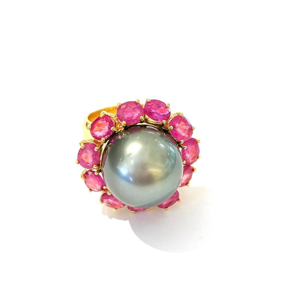 Retro Bochic “Orient” Red Ruby & Black Tahiti Pearl Ring Set In 18K Gold & Silver  For Sale