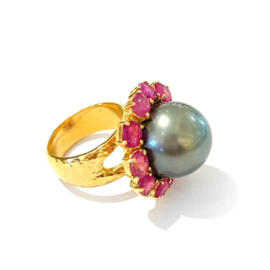 Oval Cut Bochic “Orient” Red Ruby & Black Tahiti Pearl Ring Set In 18K Gold & Silver  For Sale