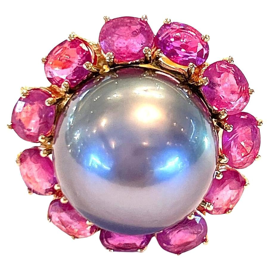 Bochic “Orient” Red Ruby & Black Tahiti Pearl Ring Set In 18K Gold & Silver