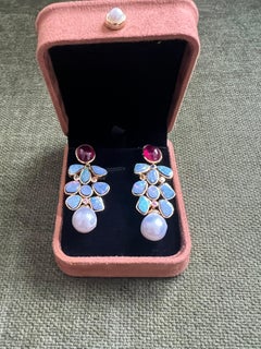 Bochic “Orient” Red Ruby, Blue Opal & Multi Color Fancy Sapphires Earrings Set I