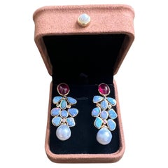 Bochic “Orient” Red Ruby, Blue Opal & Multi Color Fancy Sapphires Earrings Set I
