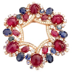 Bochic “Orient” Red Ruby & Blue Sapphire Brooch Set In 18K Gold & Silver