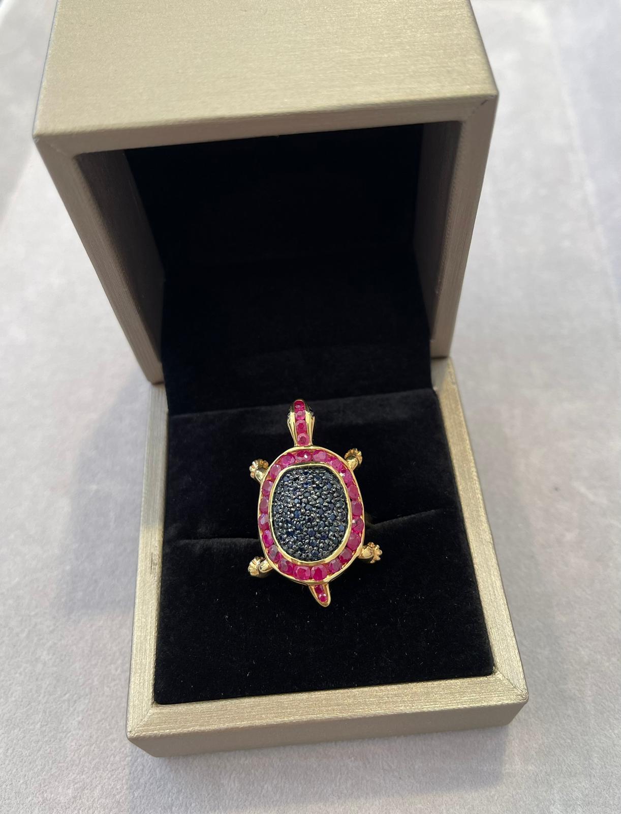 Belle Époque “Orient” Red Ruby & Blue Sapphire Cocktail Ring Set in 22k Gold & Silver