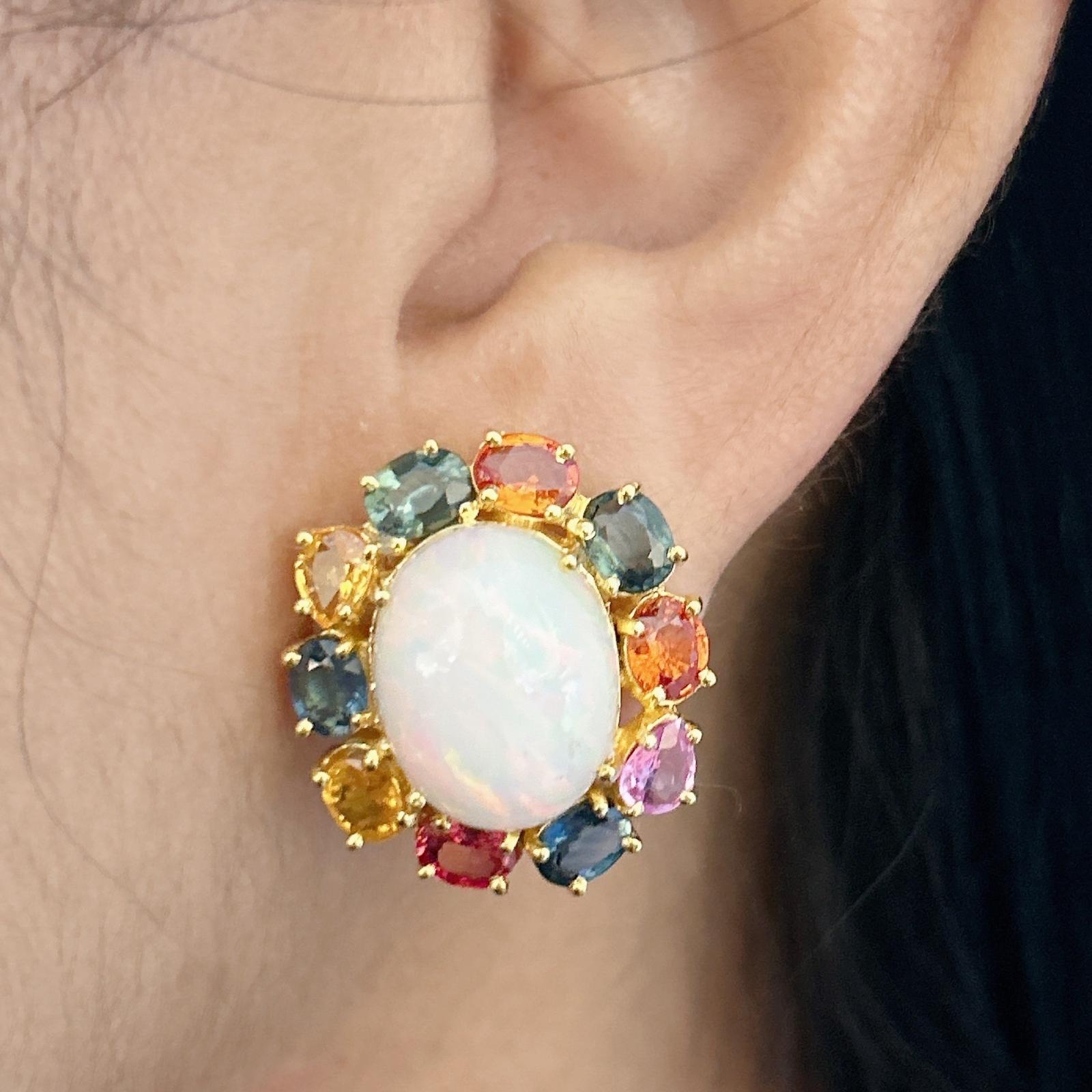 Bochic “Orient” Red Ruby & Blue White Opal Earrings Set 18K Gold & Silver For Sale 5