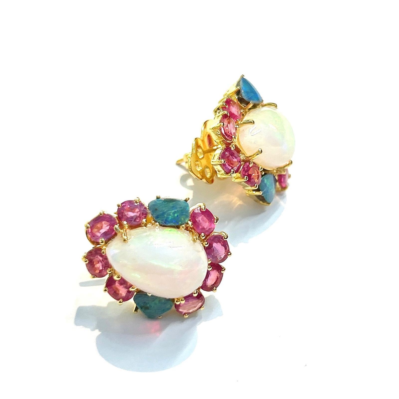 Bochic “Orient” Red Ruby & Blue White Opal Earrings Set 18K Gold & Silver 

Natural Rubies - 3.40 carat 
Natural White Opals - 12 carats 
Natural Blue Opals - 1.50 carats 

The earrings from the 