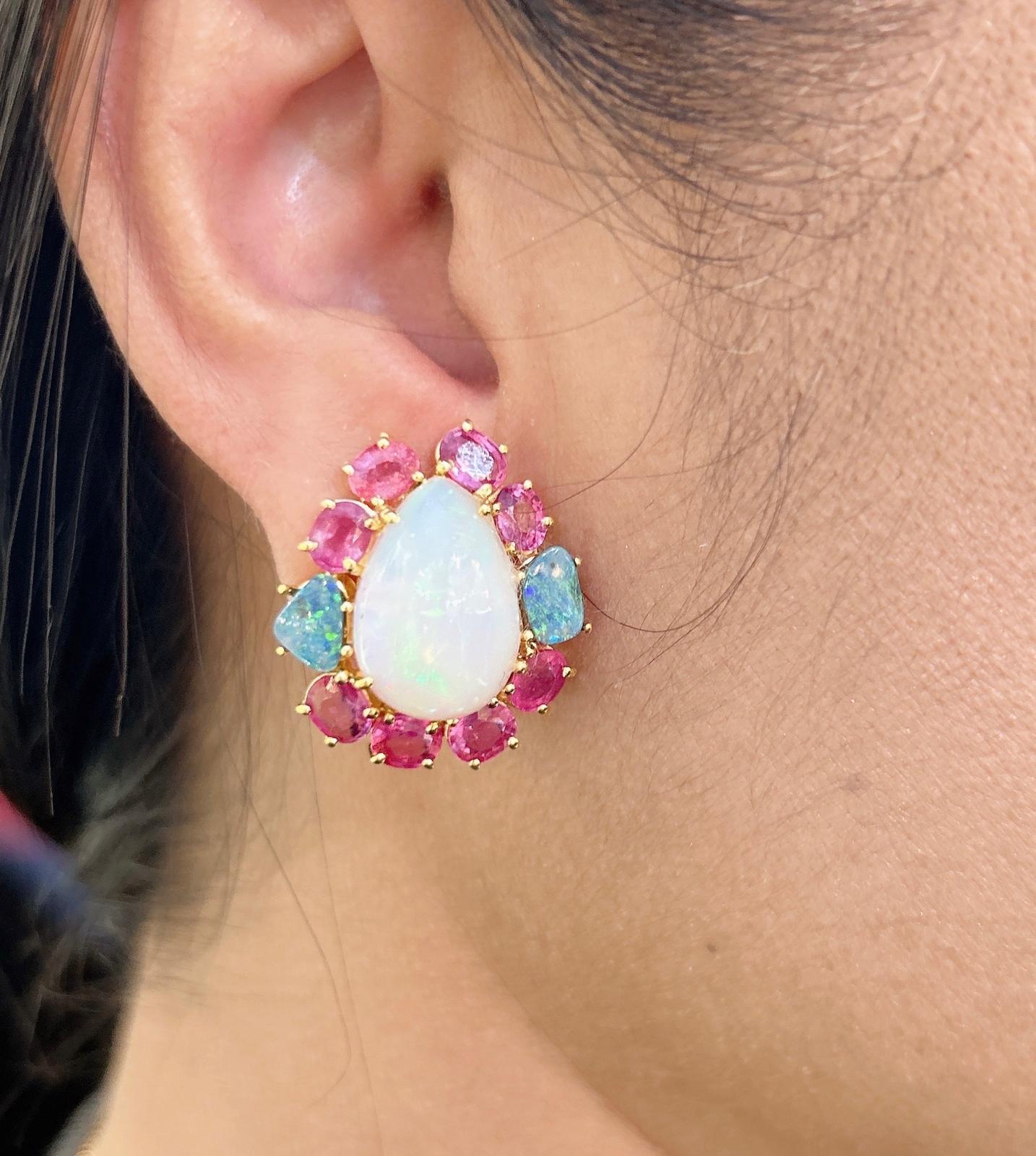Brilliant Cut Bochic “Orient” Red Ruby & Blue White Opal Earrings Set 18K Gold & Silver For Sale