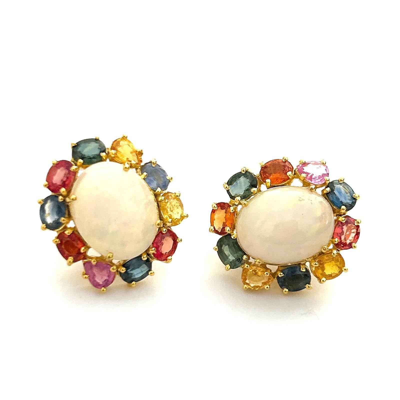 Brilliant Cut Bochic “Orient” Red Ruby & Blue White Opal Earrings Set 18K Gold & Silver For Sale