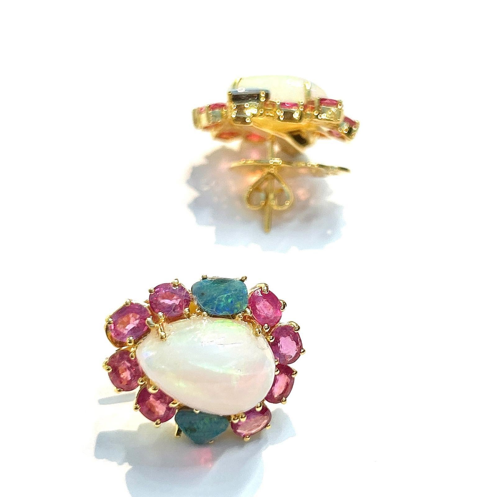 Women's or Men's Bochic “Orient” Red Ruby & Blue White Opal Earrings Set 18K Gold & Silver For Sale