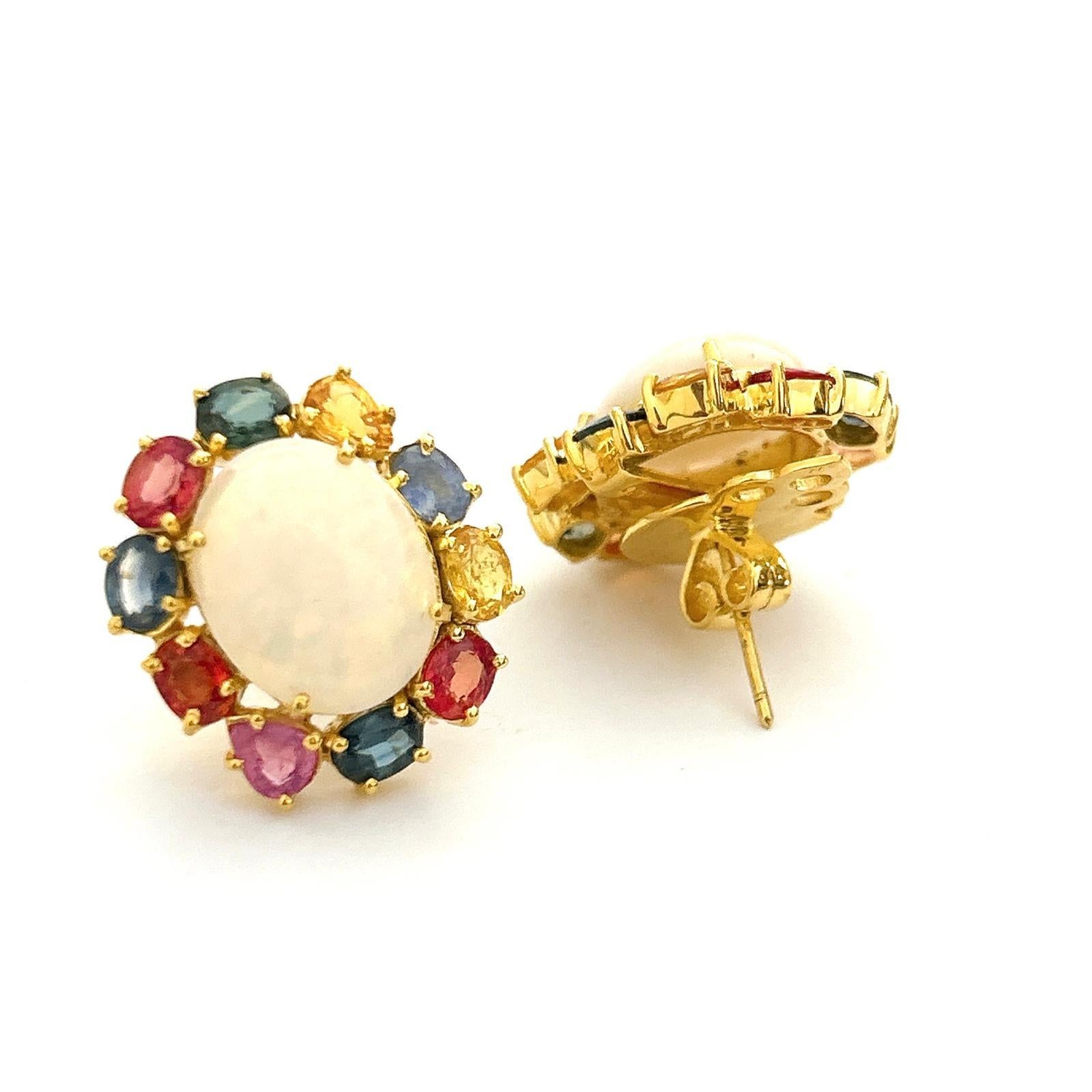 Bochic “Orient” Red Ruby & Blue White Opal Earrings Set 18K Gold & Silver For Sale 1