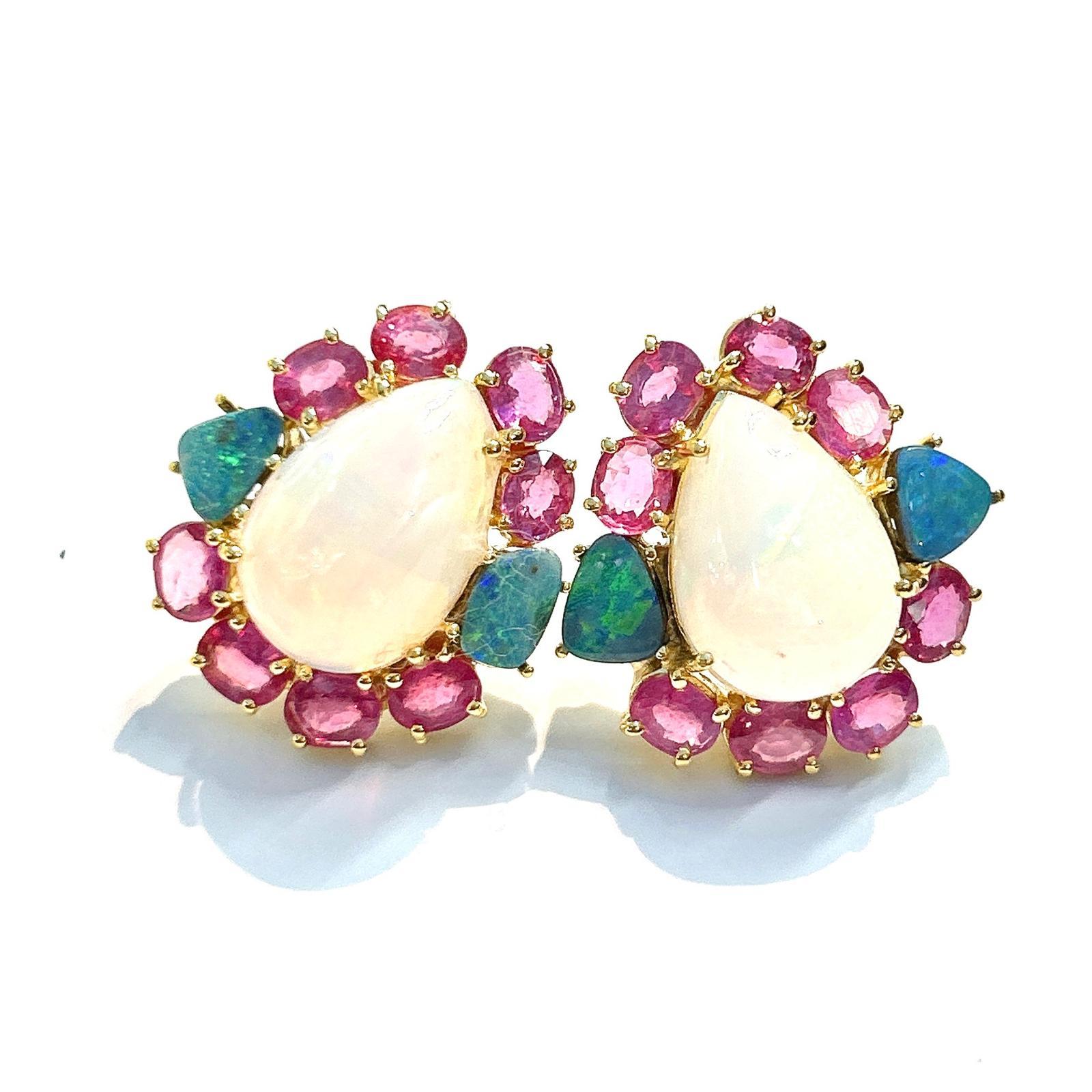 Bochic “Orient” Red Ruby & Blue White Opal Earrings Set 18K Gold & Silver For Sale 2