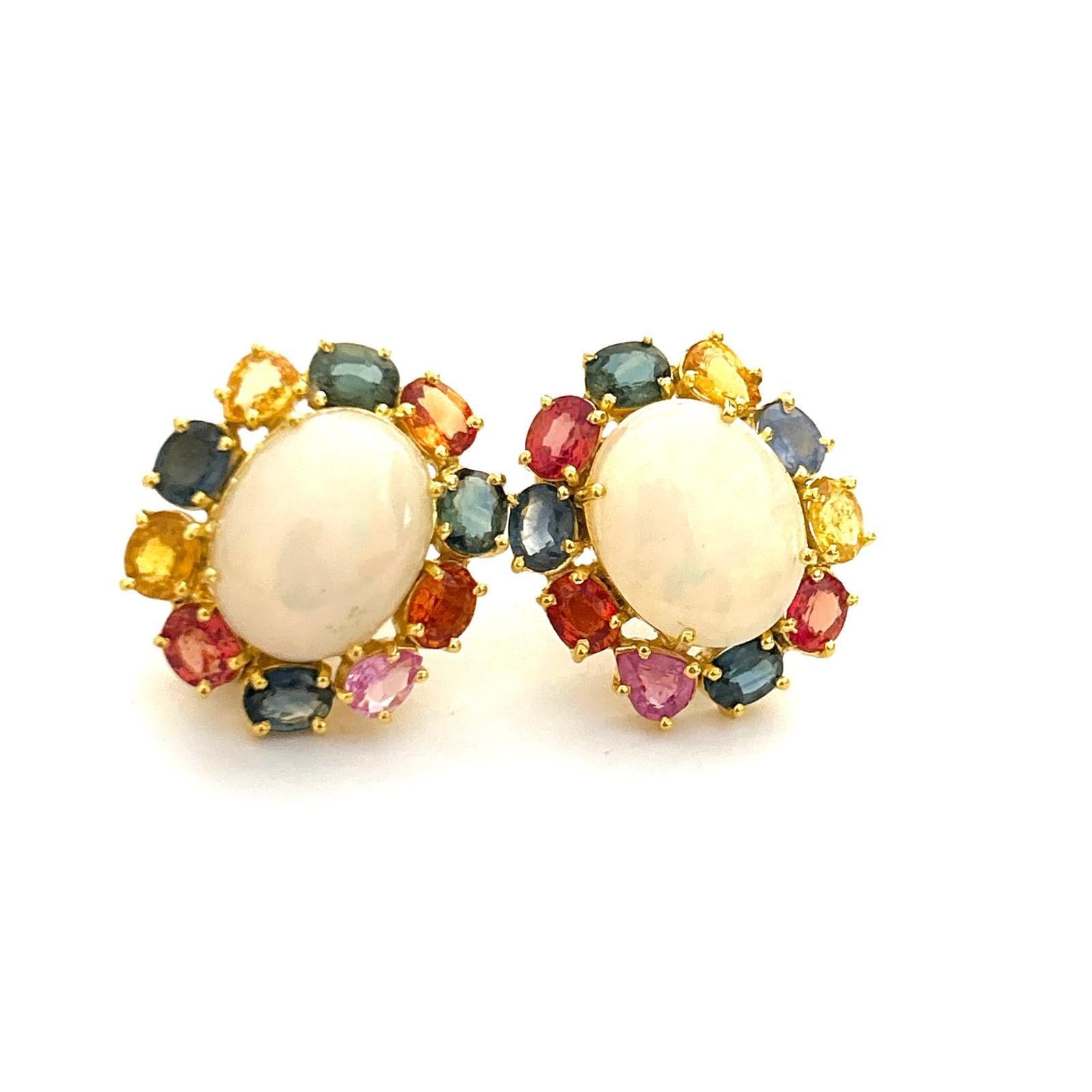 Bochic “Orient” Red Ruby & Blue White Opal Earrings Set 18K Gold & Silver For Sale 2