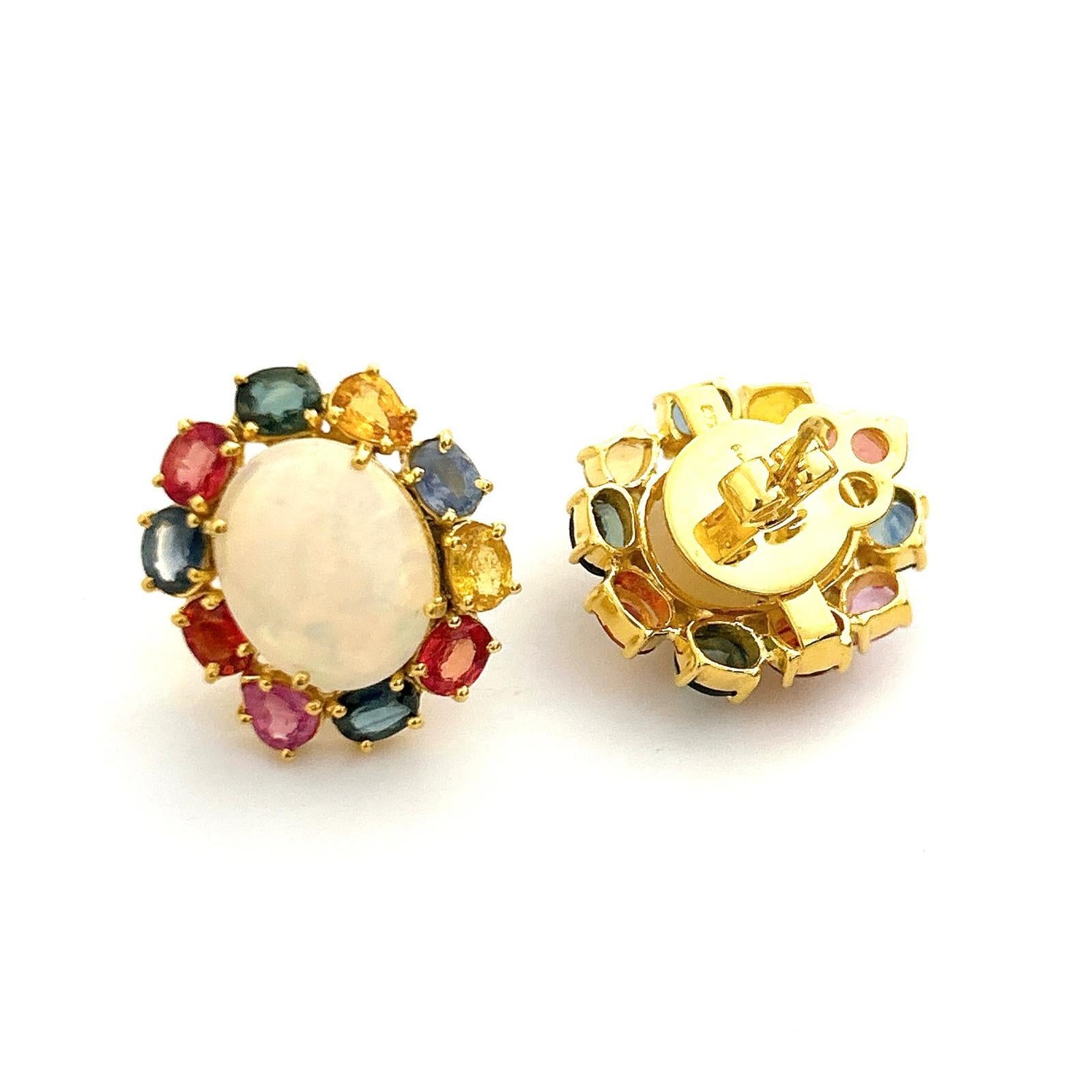 Bochic “Orient” Red Ruby & Blue White Opal Earrings Set 18K Gold & Silver For Sale 3
