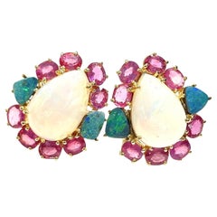 Bochic “Orient” Red Ruby & Blue White Opal Earrings Set 18K Gold & Silver