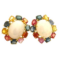 Bochic Orient Red Ruby & Blue White Opal Earrings Set 18K Gold & Silver